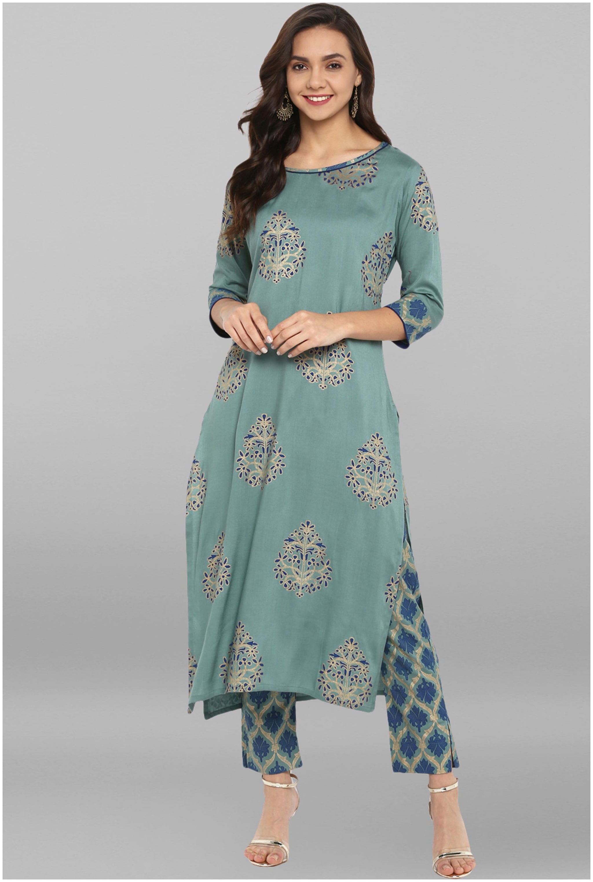 

Janasya Women Turquoise Printed Straight Kurta With Pants