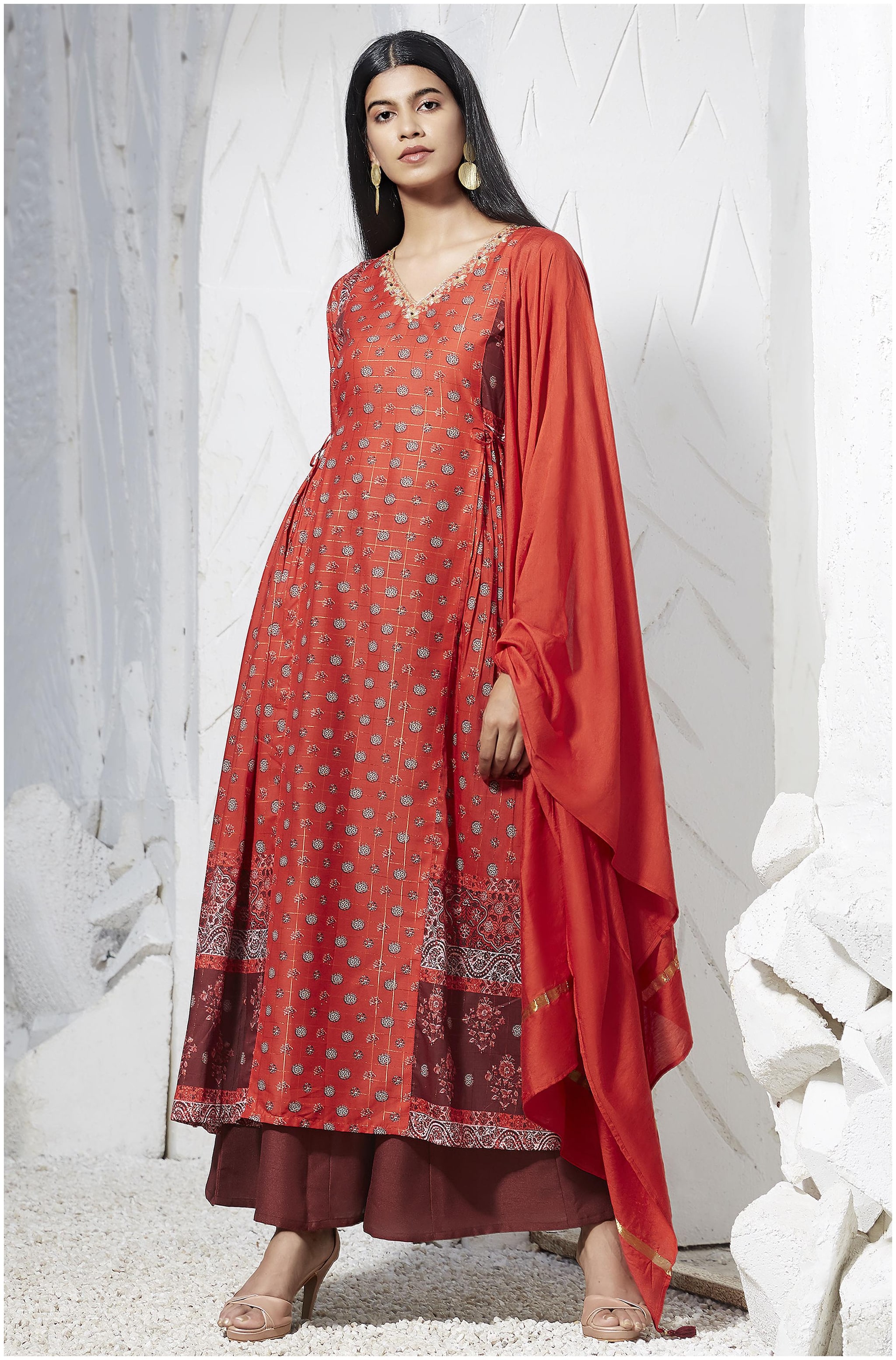 

Janasya Women Orange Floral Flared Kurta With Palazzo And Dupatta