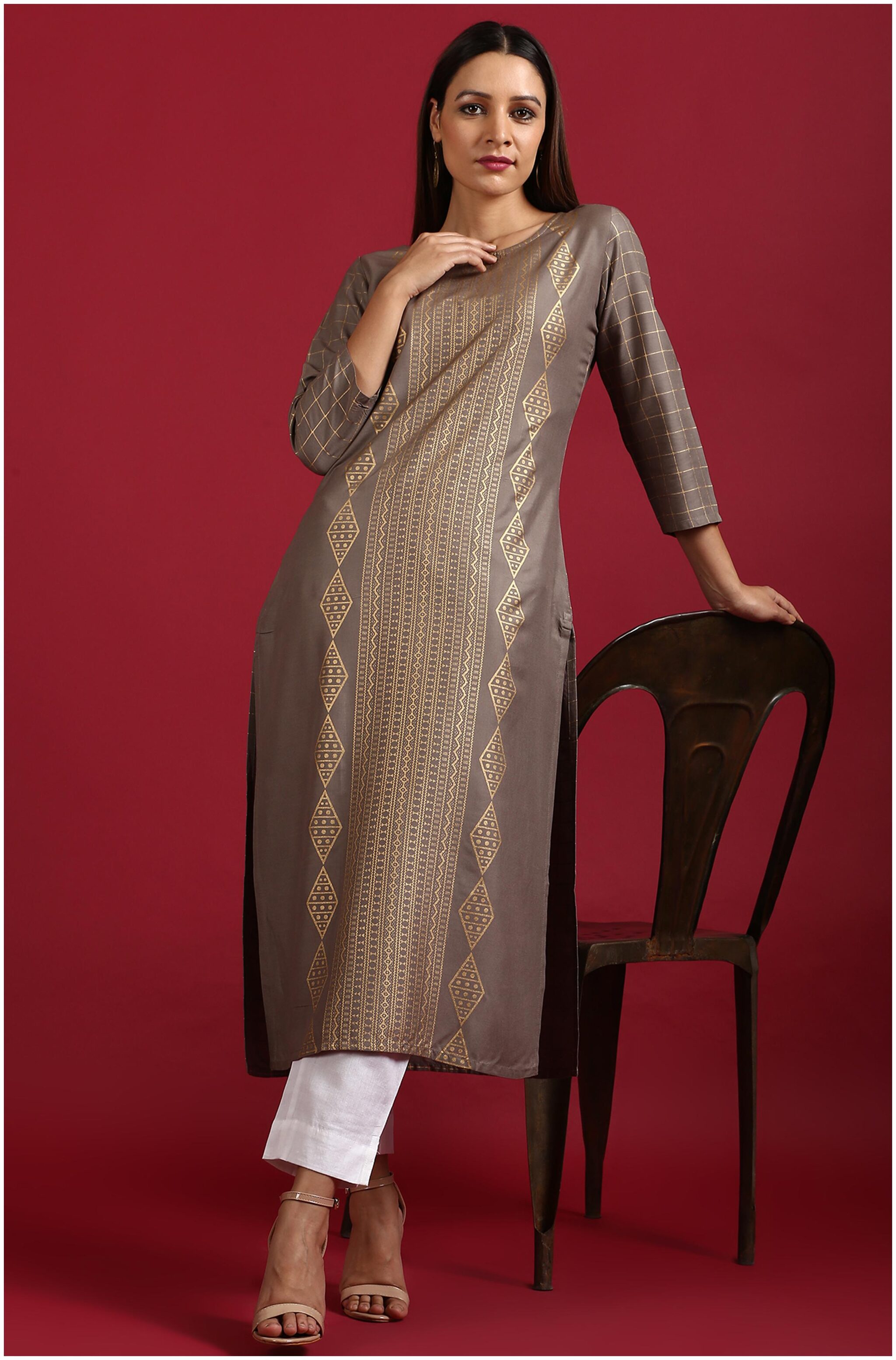 

Janasya Women Grey Ethnic Motifs Straight Kurta