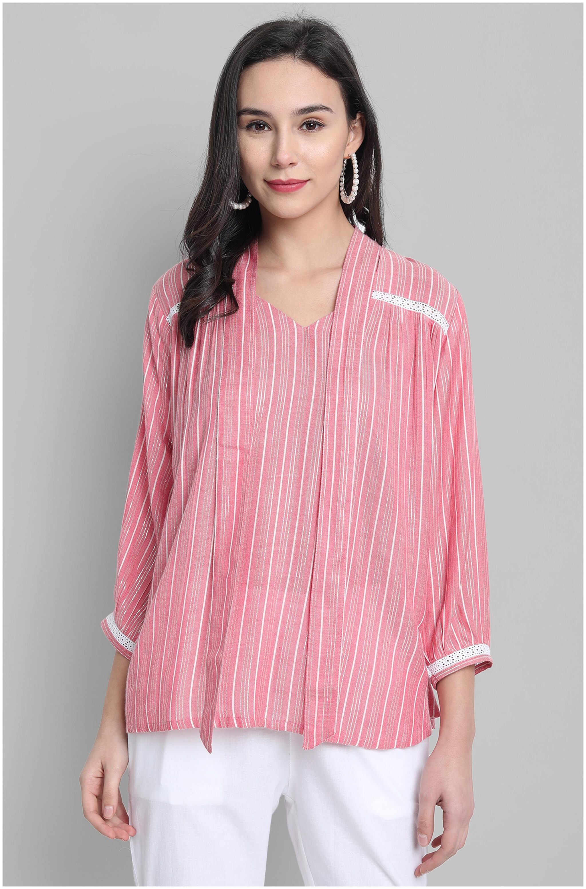 

Janasya Viscose Rayon Pink Striped A Line For Women