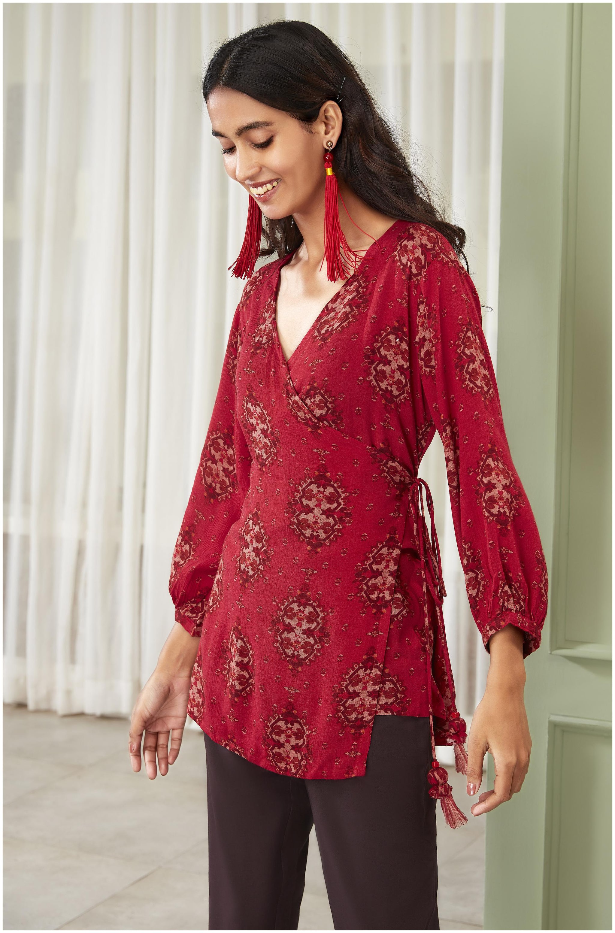 

Janasya Women Printed Regular top - Maroon
