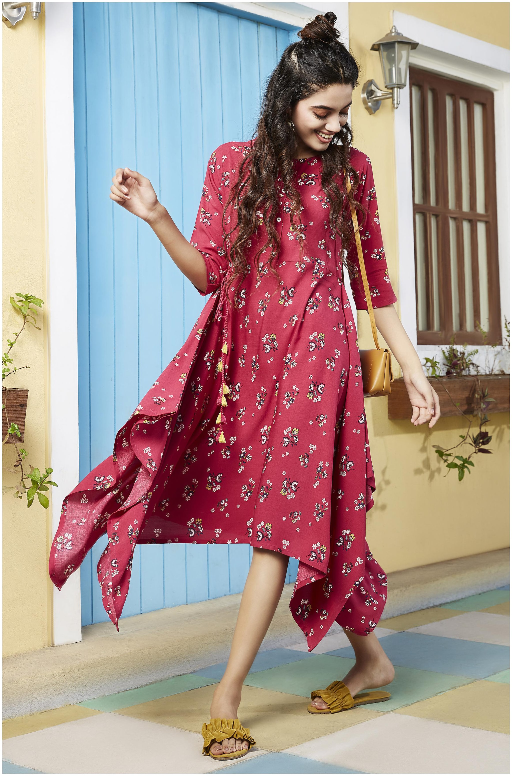 

Janasya Viscose Rayon Pink Floral A Line Dress For Women