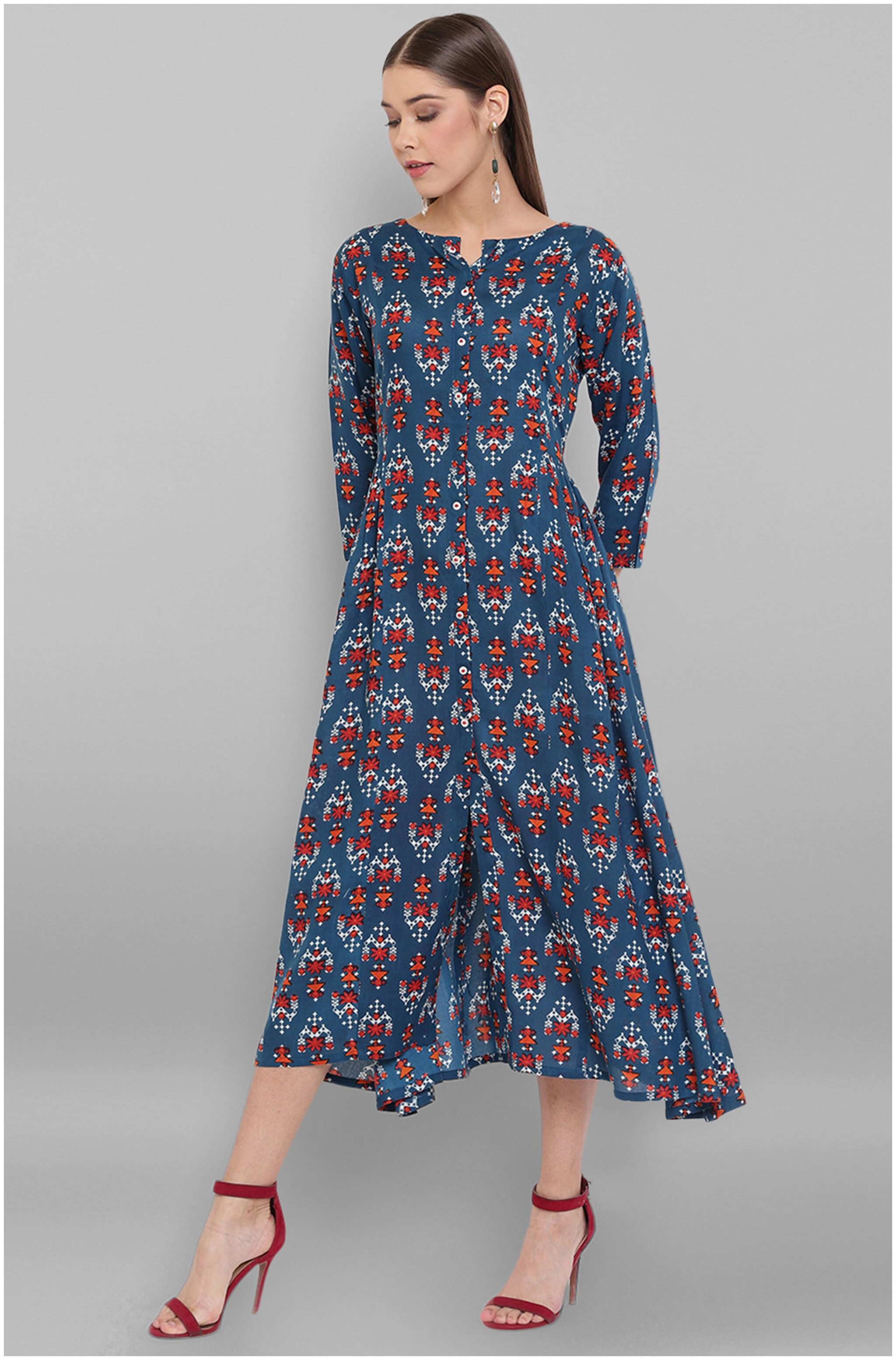 

Janasya Blue Printed Fit flare dress