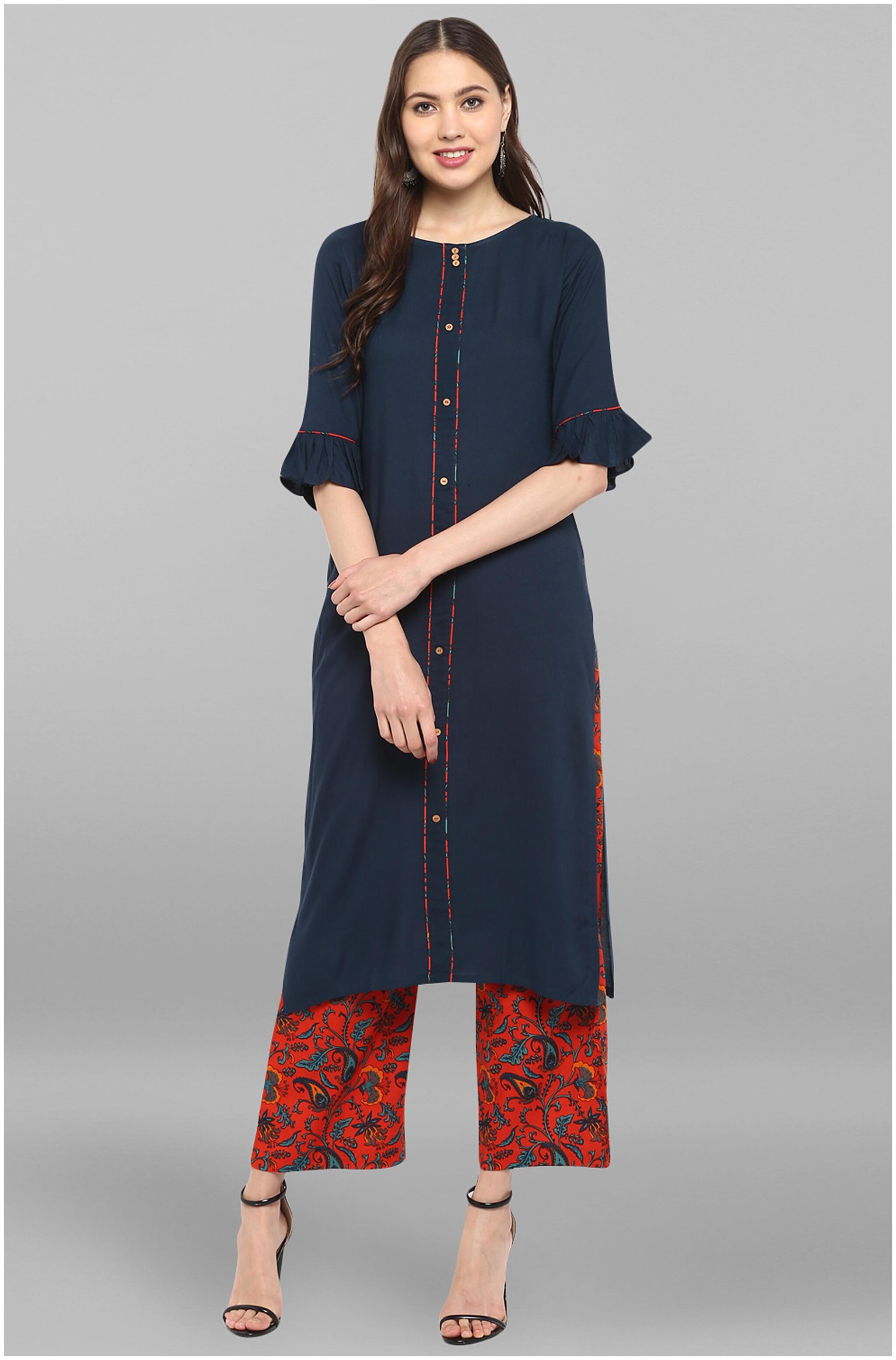 

Janasya Viscose Rayon Solid Navy Blue Kurta For Women