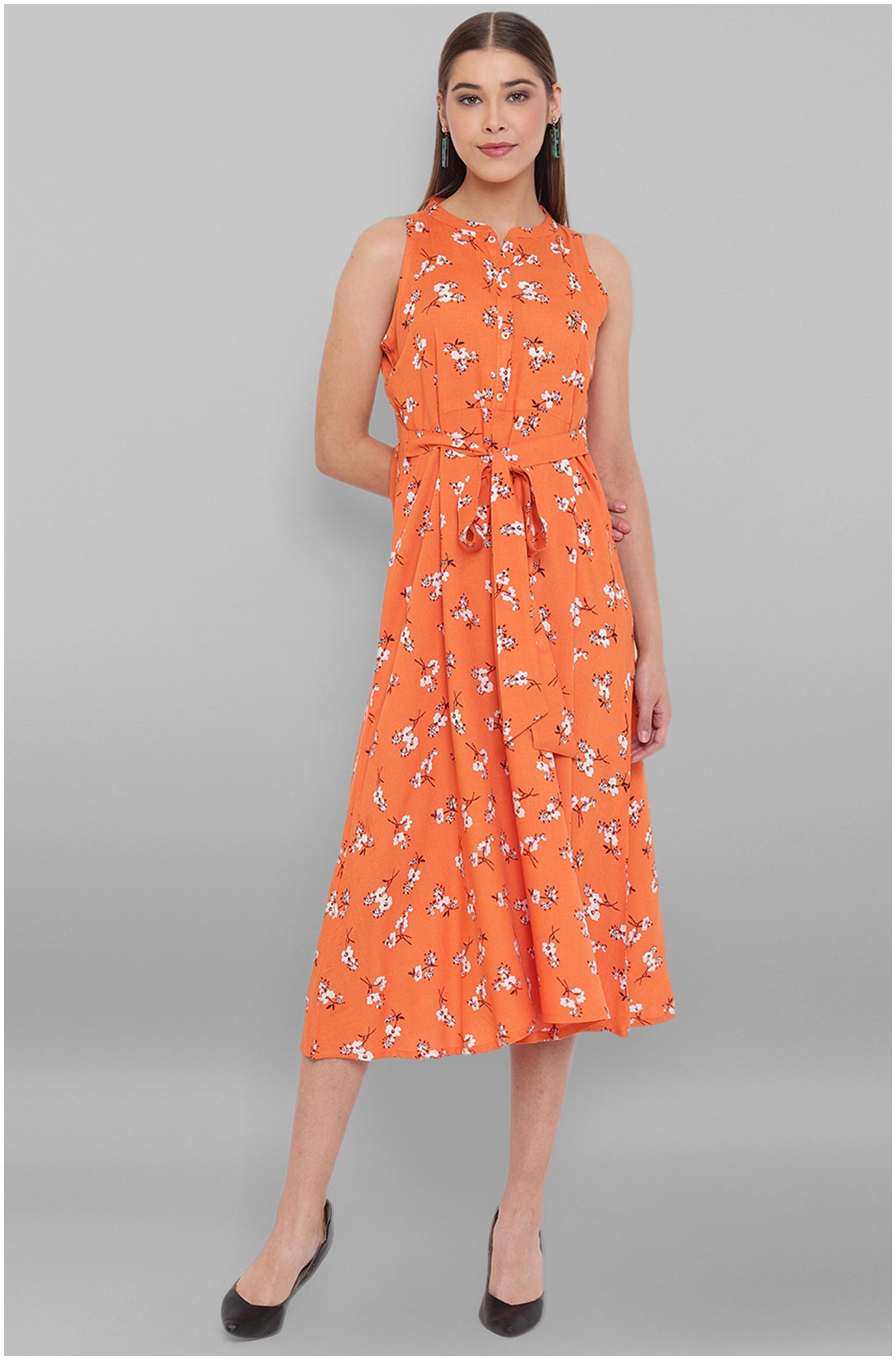 

Janasya Orange Floral Fit flare dress