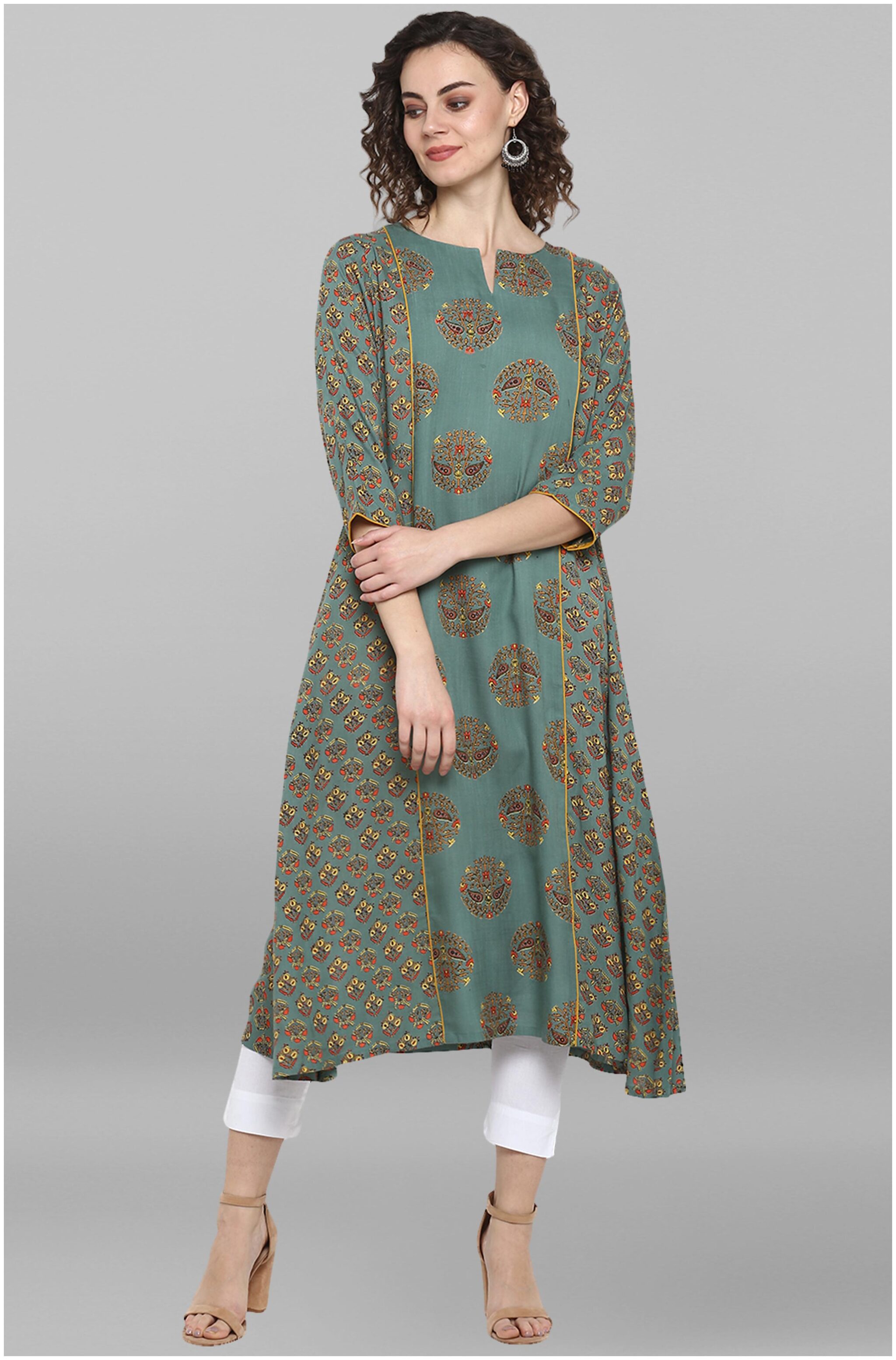 

Janasya Viscose Rayon Floral Green Kurti for Women
