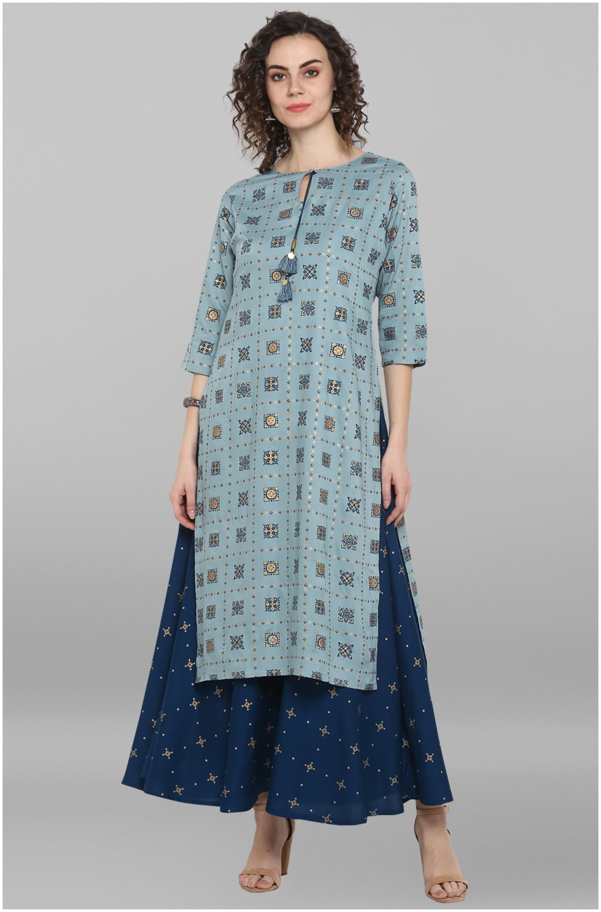 

Janasya Viscose Rayon Printed Turquoise Kurti for Women