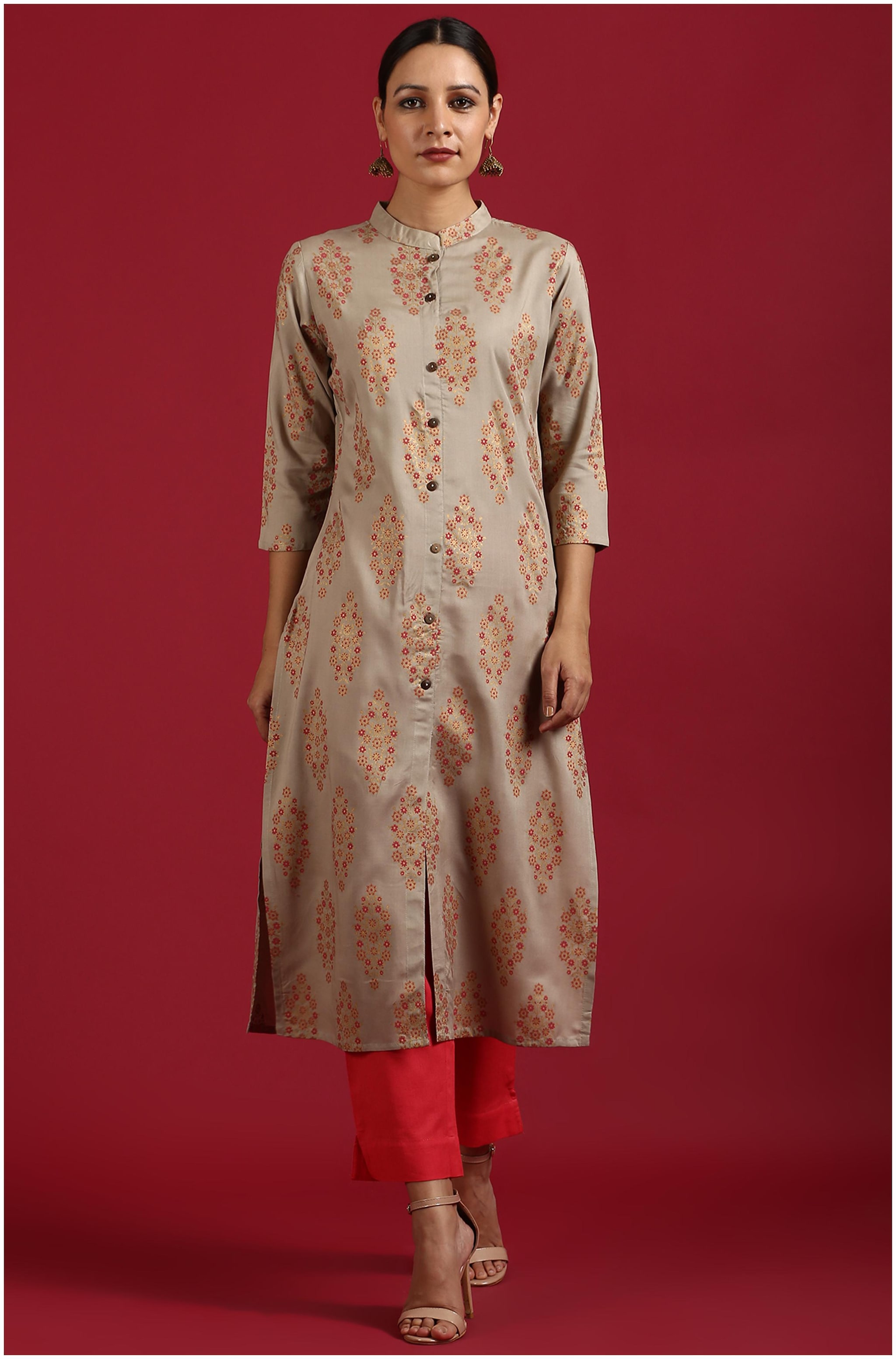 

Janasya Women Beige Floral Straight Kurta