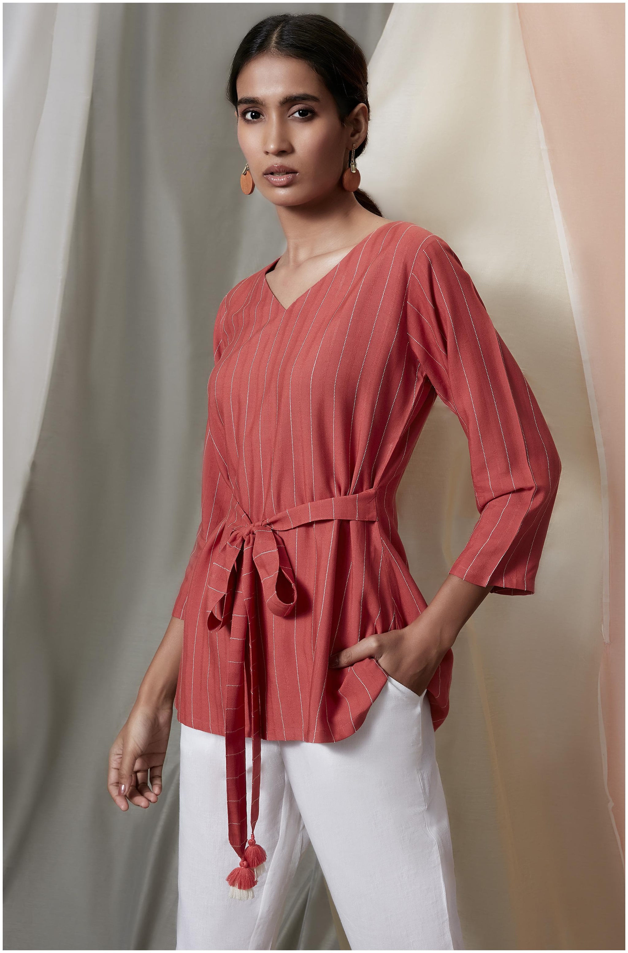 

Janasya Women Striped Regular top - Red