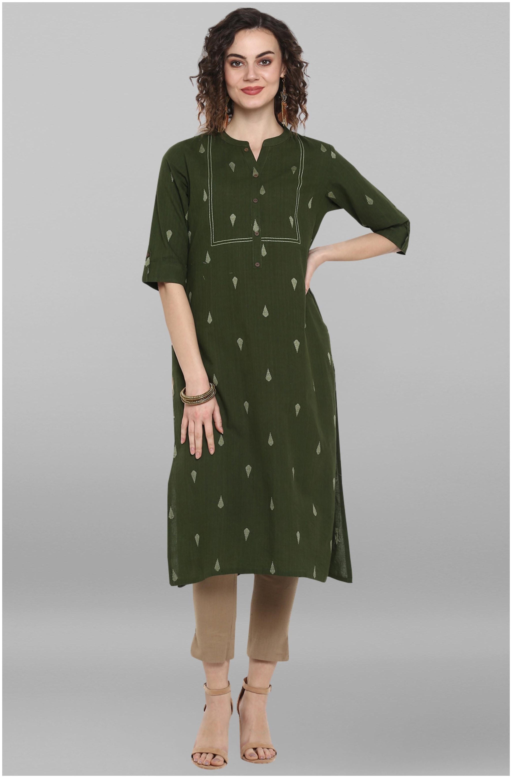 

Janasya Women Green Printed Straight Kurta