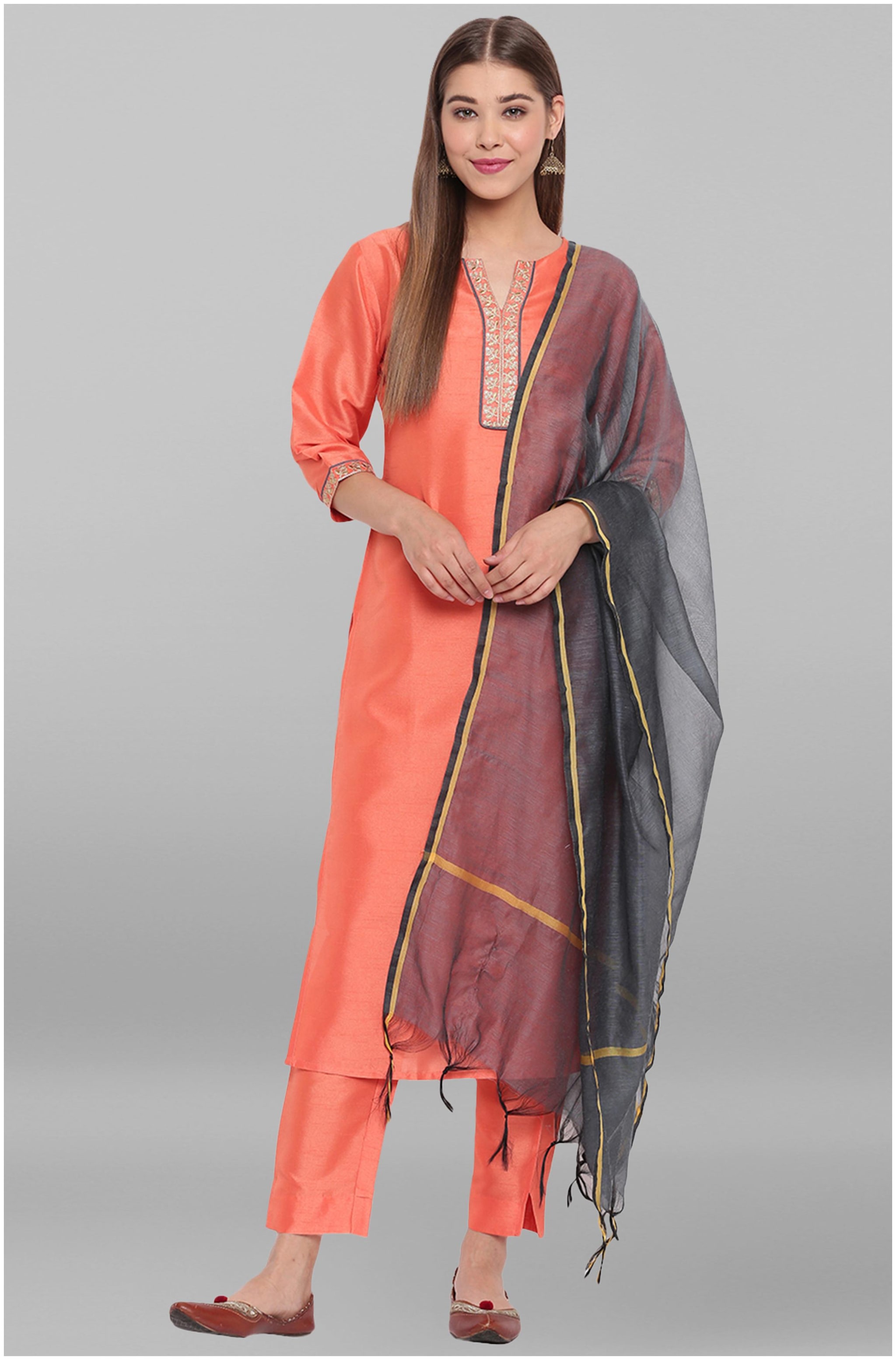 

Janasya Women Peach Solid Straight Kurta With Pants And Dupatta