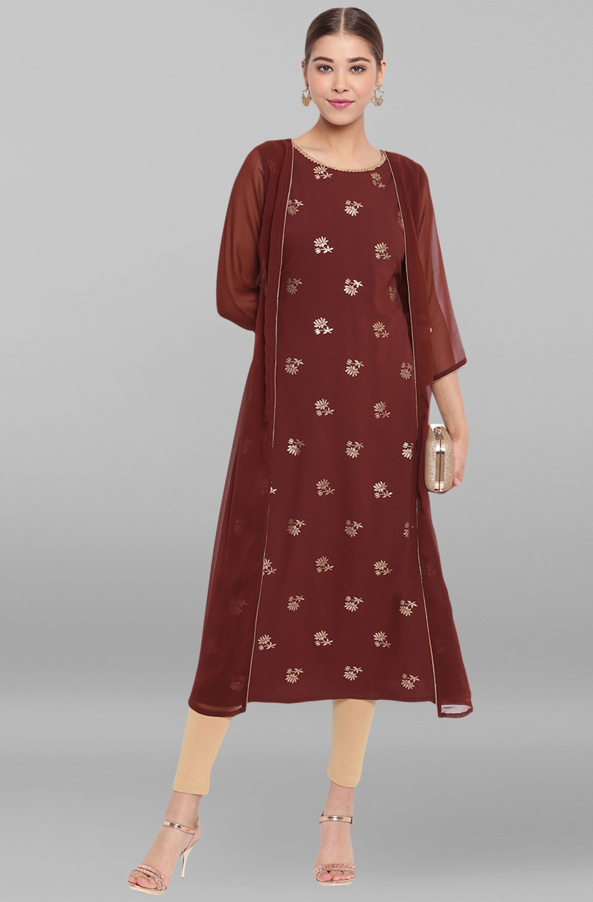 

Janasya Women Crepe Floral Brown Kurta