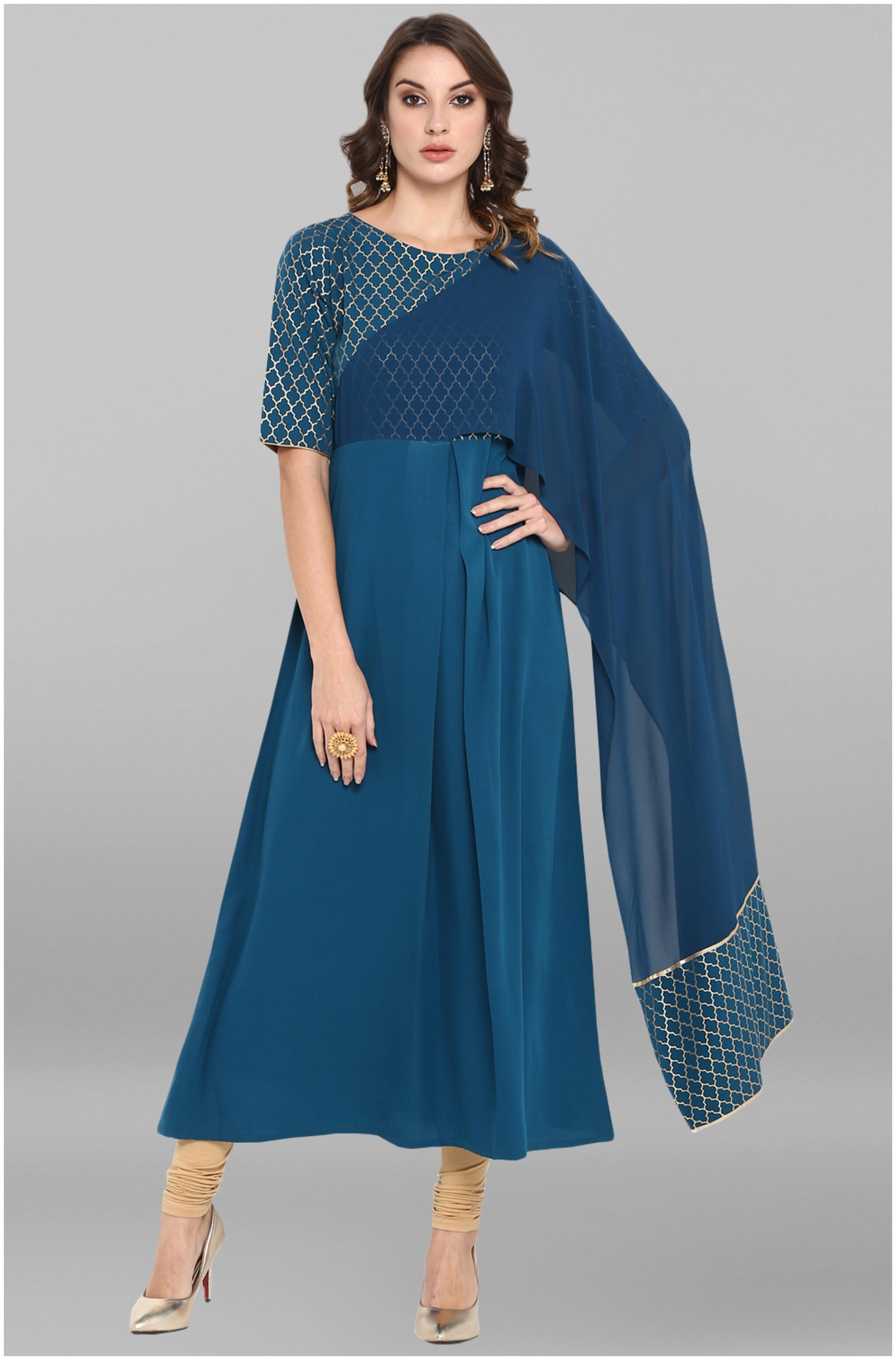

Janasya Women Turquoise Blue Poly Crepe Kurta With Attached Dupatta