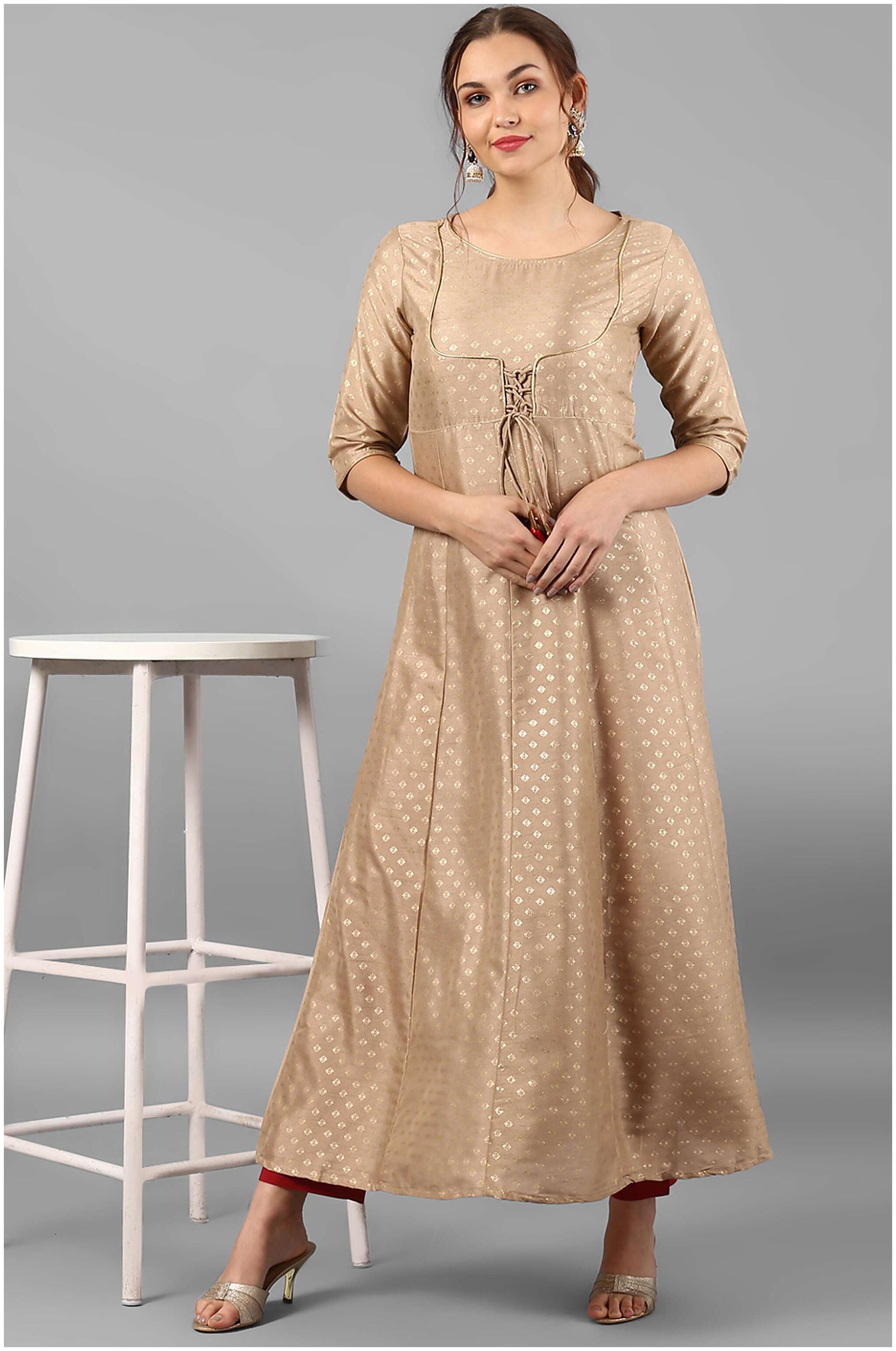

Janasya Women s Beige Poly Silk A-Line Foil Print Kurta