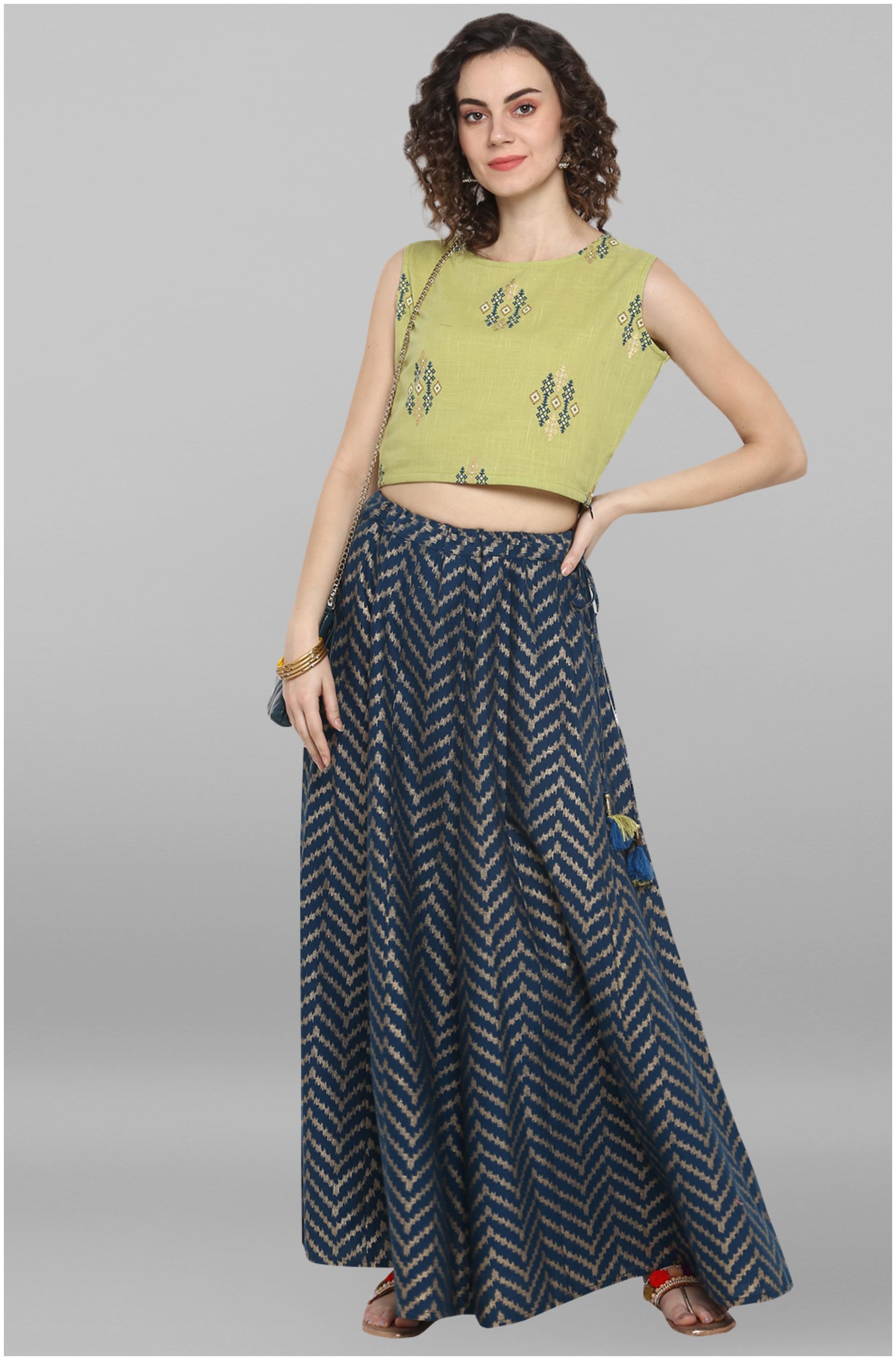 

Janasya Women Cotton Foil Print Green Top With Skirt