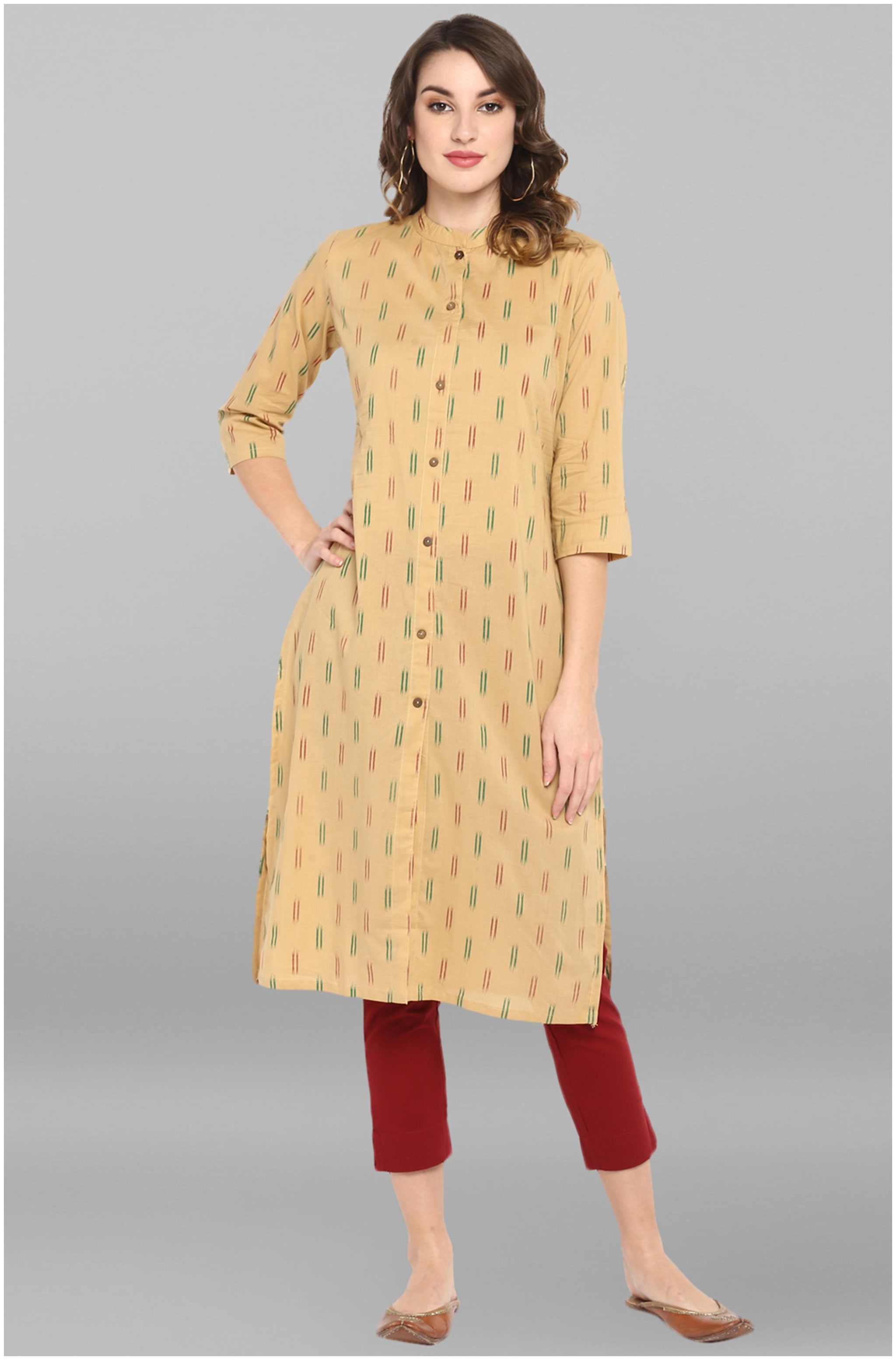 

Janasya Women Beige Printed Straight Kurta
