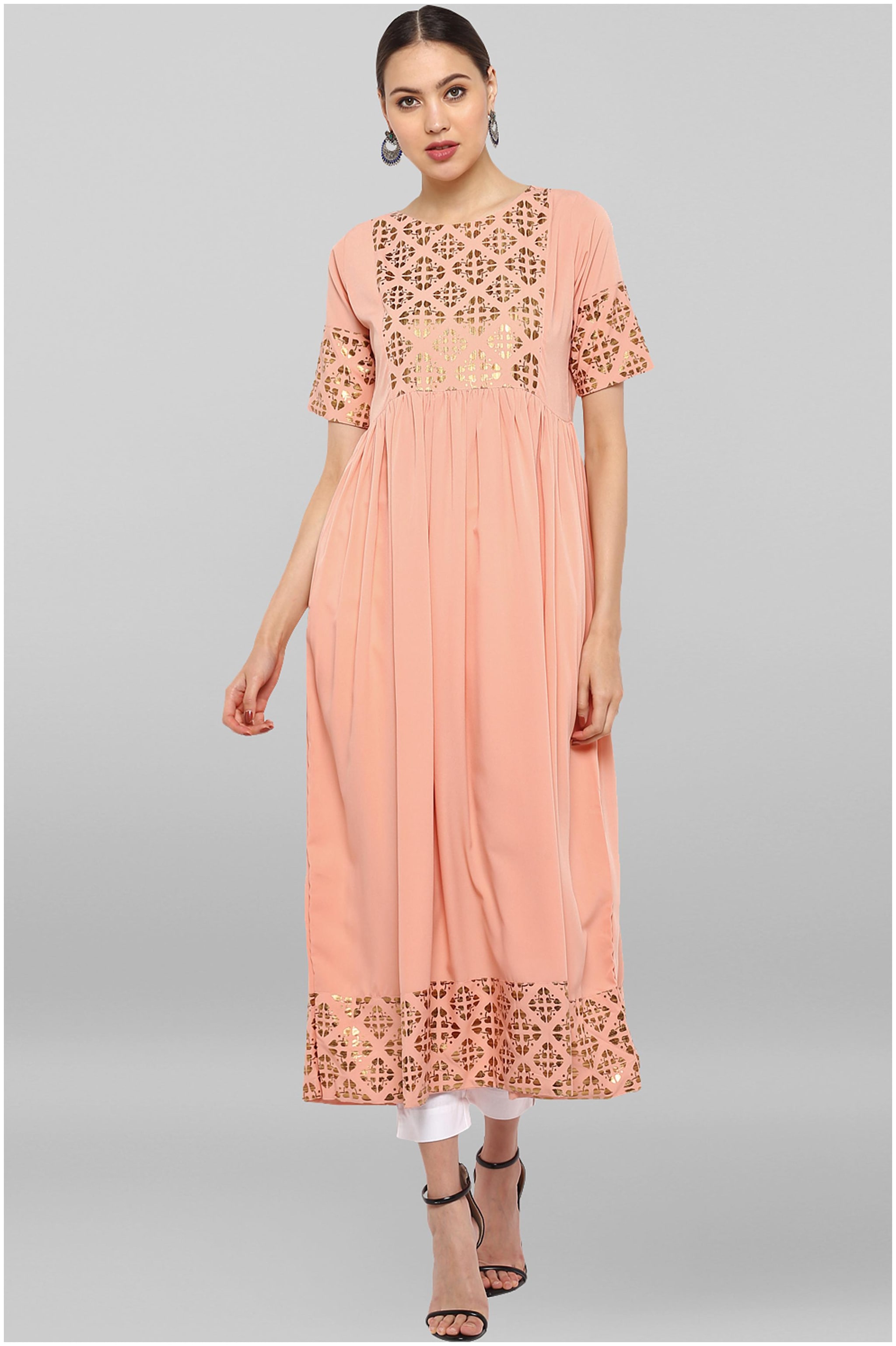 

Janasya Women s Peach Poly Crepe Kurta