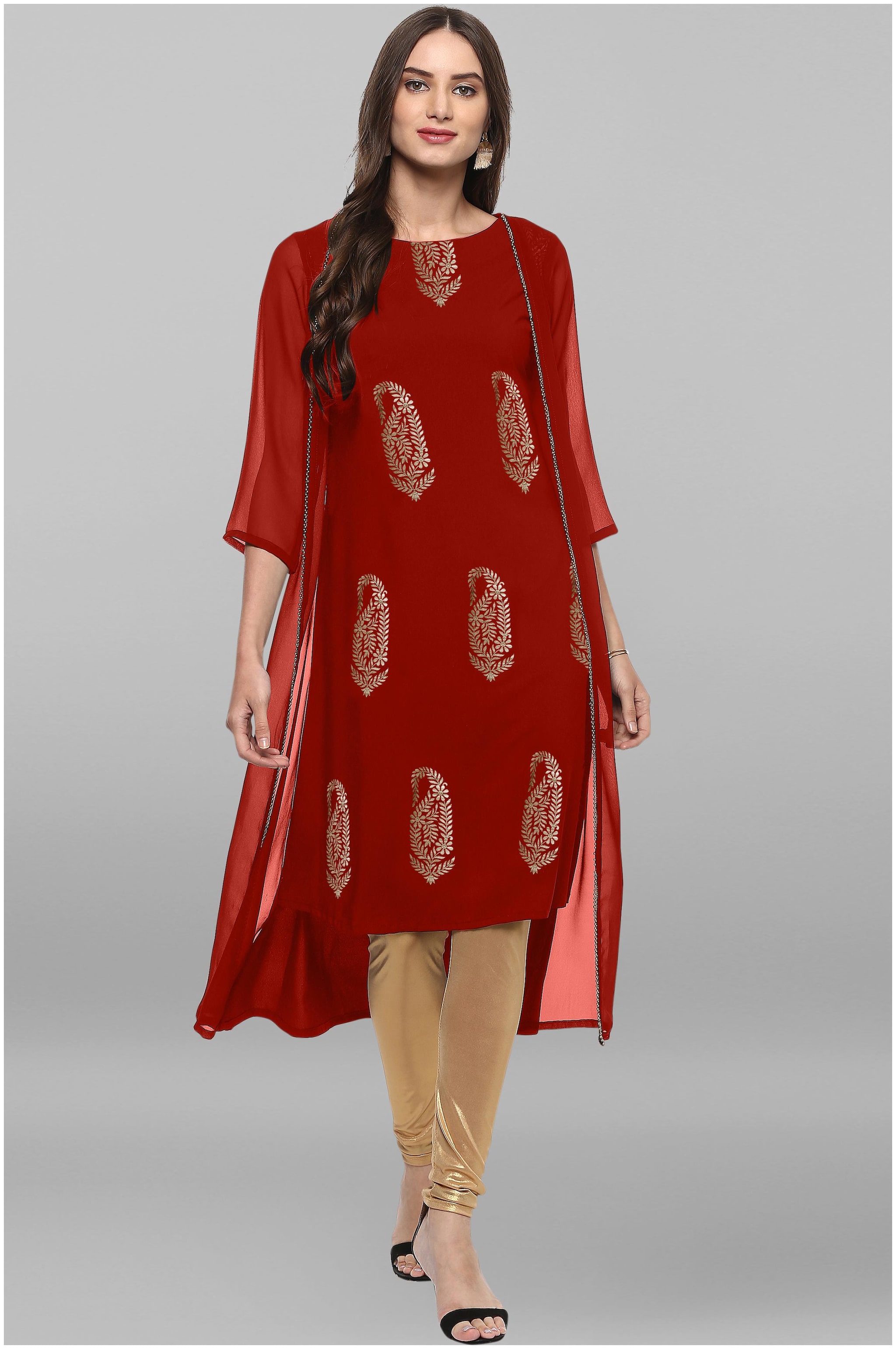 

Janasya Womens Crepe Foil Print A-Line Kurta