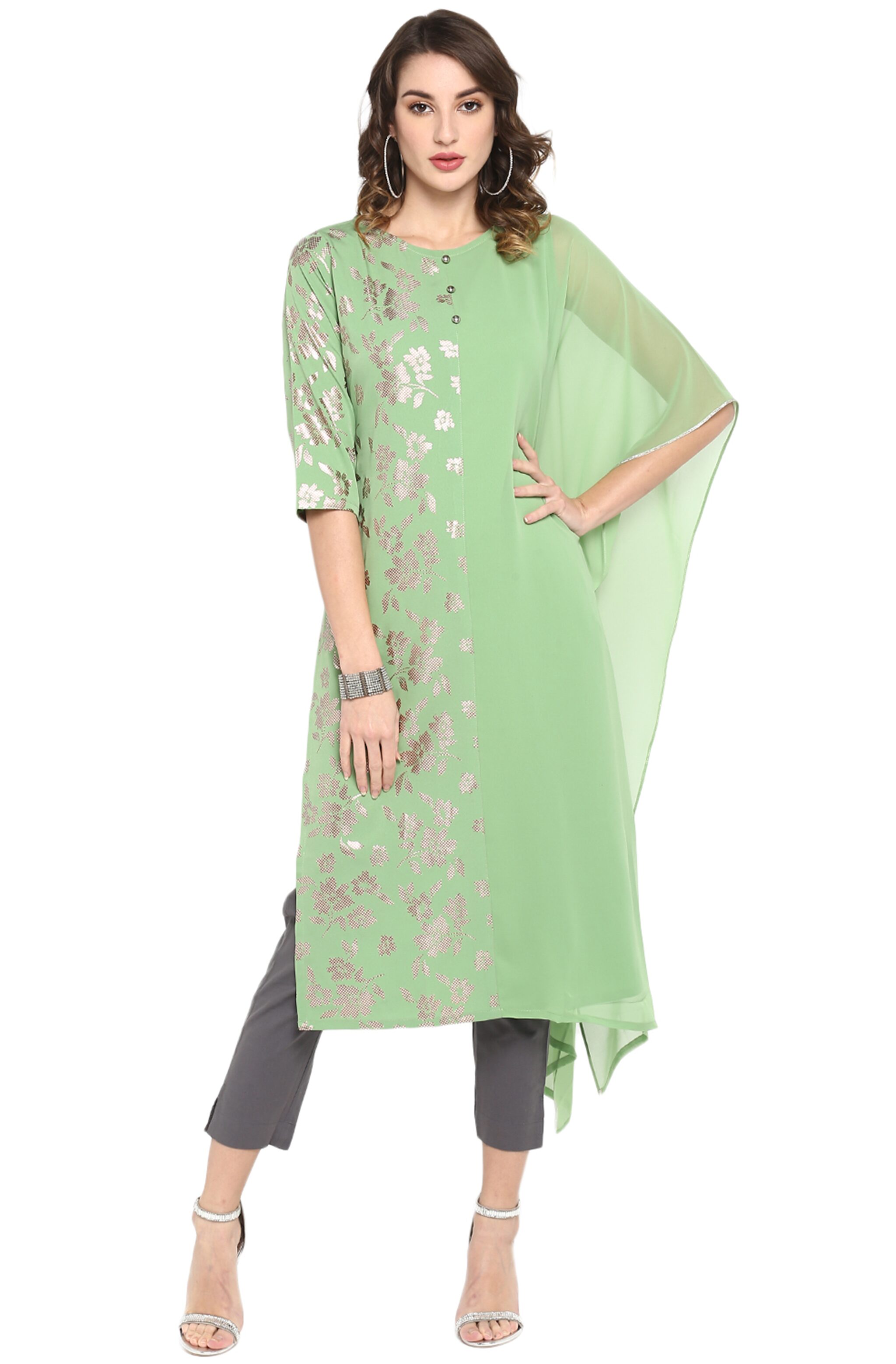 

Janasya Women Green Floral Straight Kurta