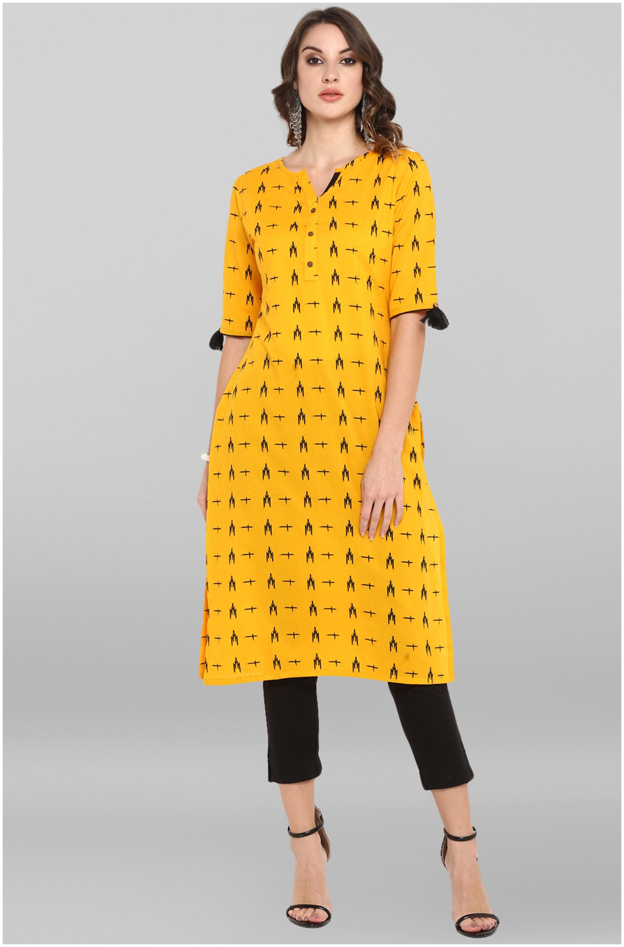 

Janasya Women Mustard Printed Straight Kurta