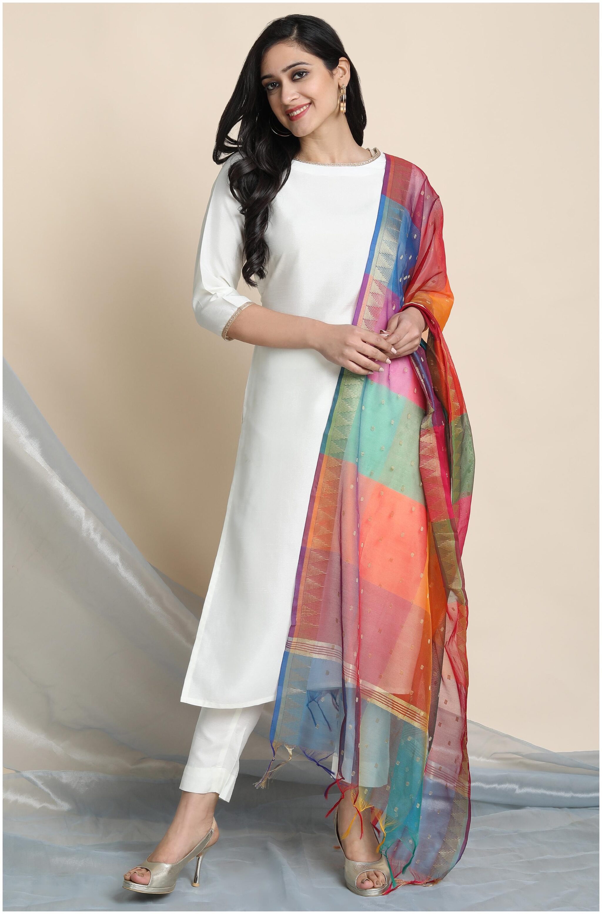 

Janasya Women White Solid Straight Kurta With Pants And Dupatta