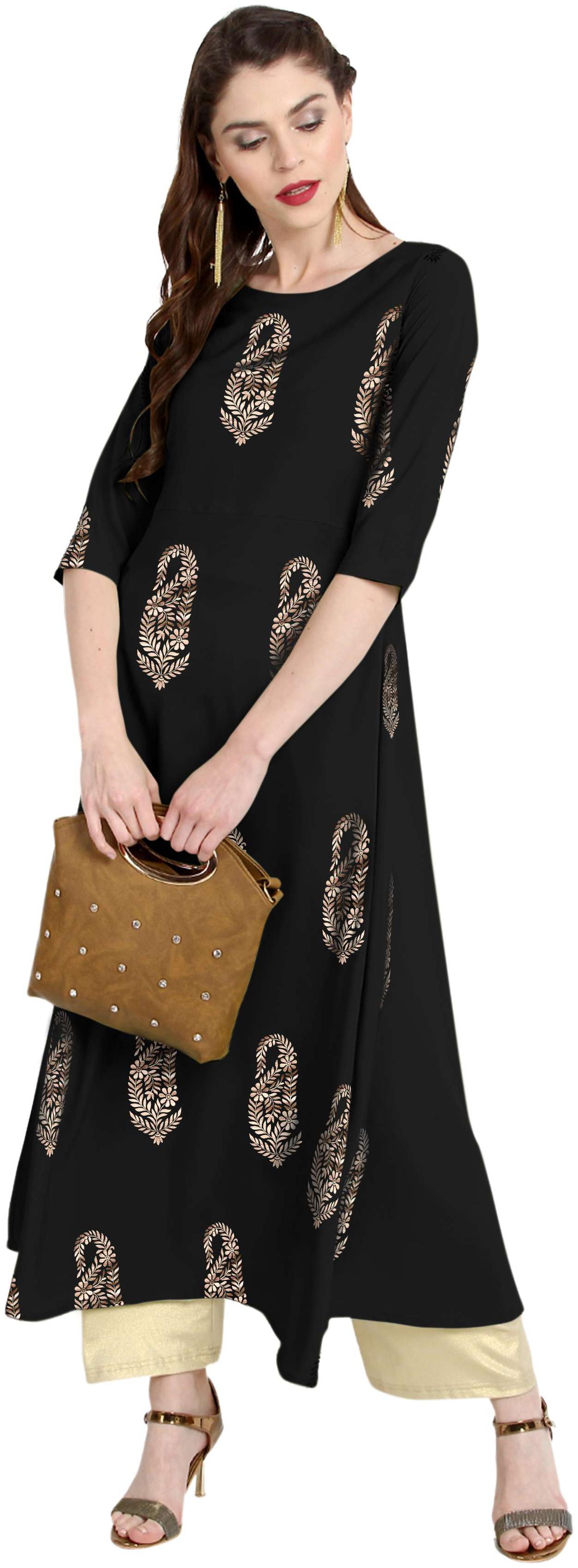 

Janasya Women s Black Crepe A-Line Gold Foil Print Kurta