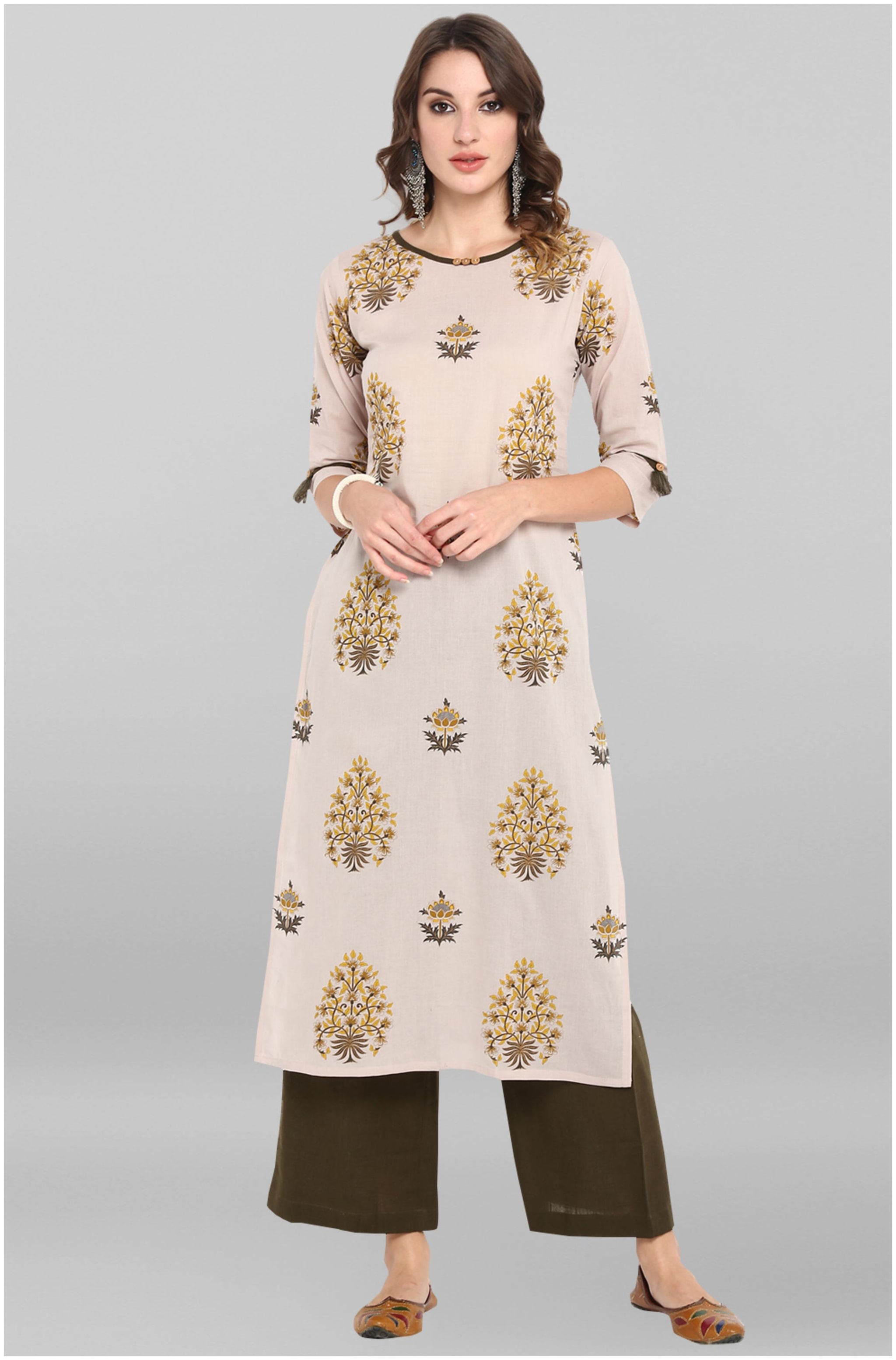 

Janasya Women Grey Floral Straight Kurta With Palazzo