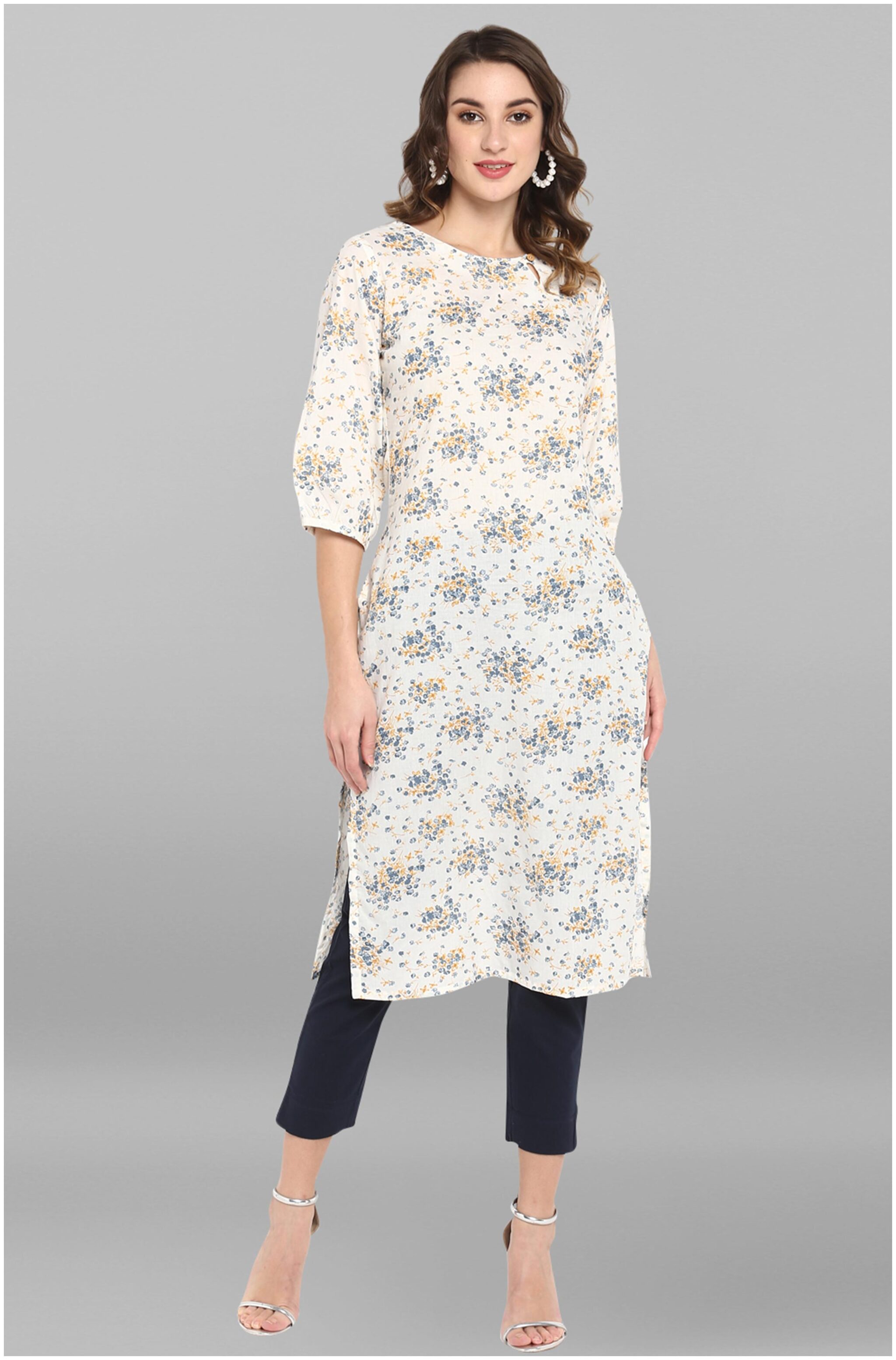 

Janasya Women White Floral Straight Kurta