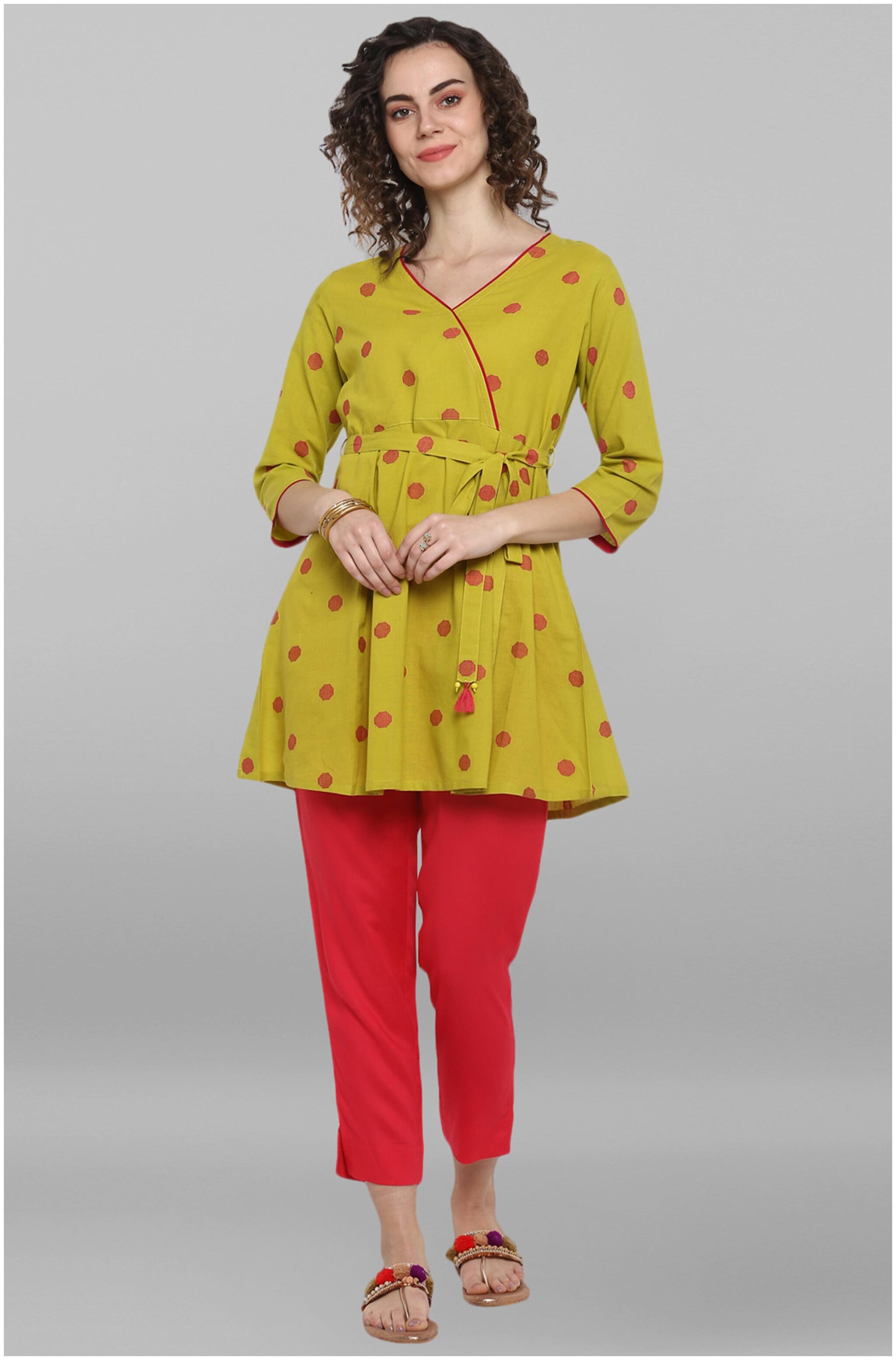 

Janasya Women Green Cotton Polka Dots Tops