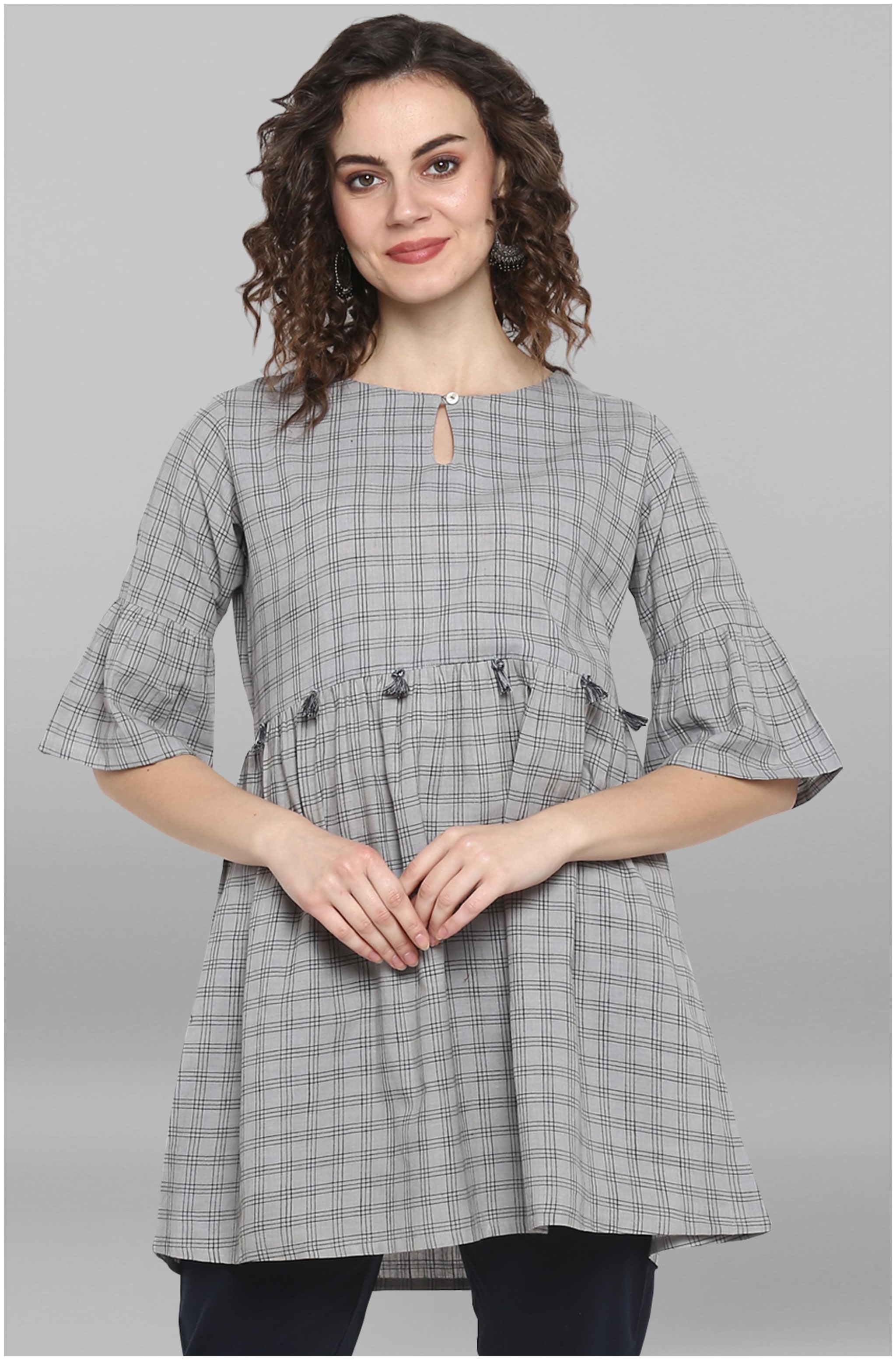

Janasya Women Checked Regular top - Grey