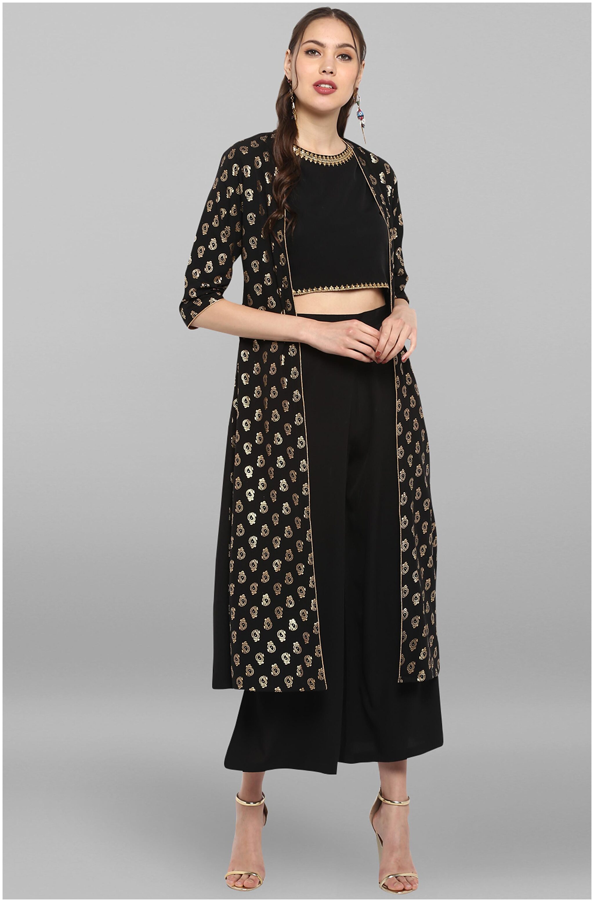 

Janasya Women Crepe Black Top With Palazzo And Jacket