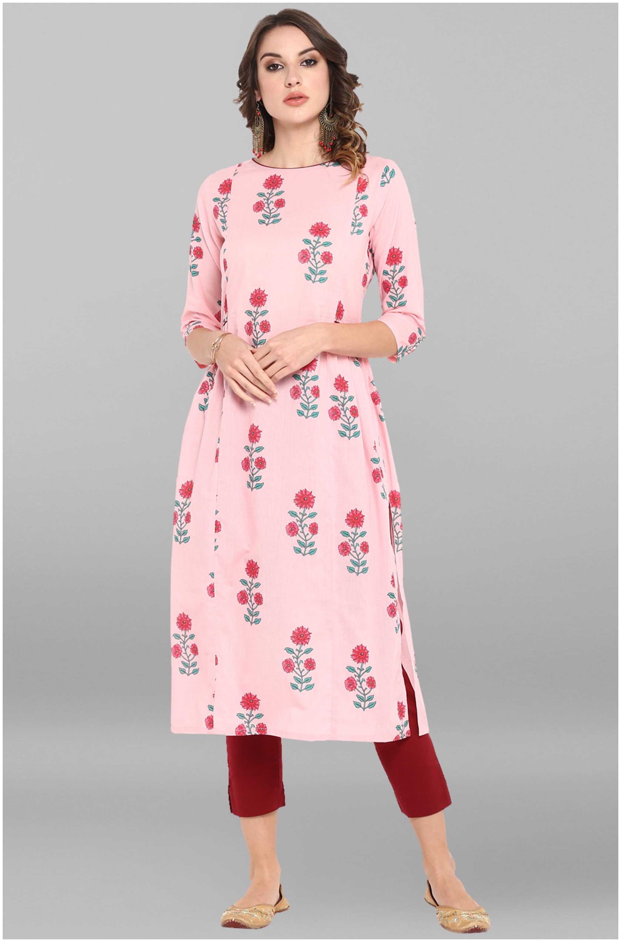 

Janasya Women Pink Floral Straight Kurta