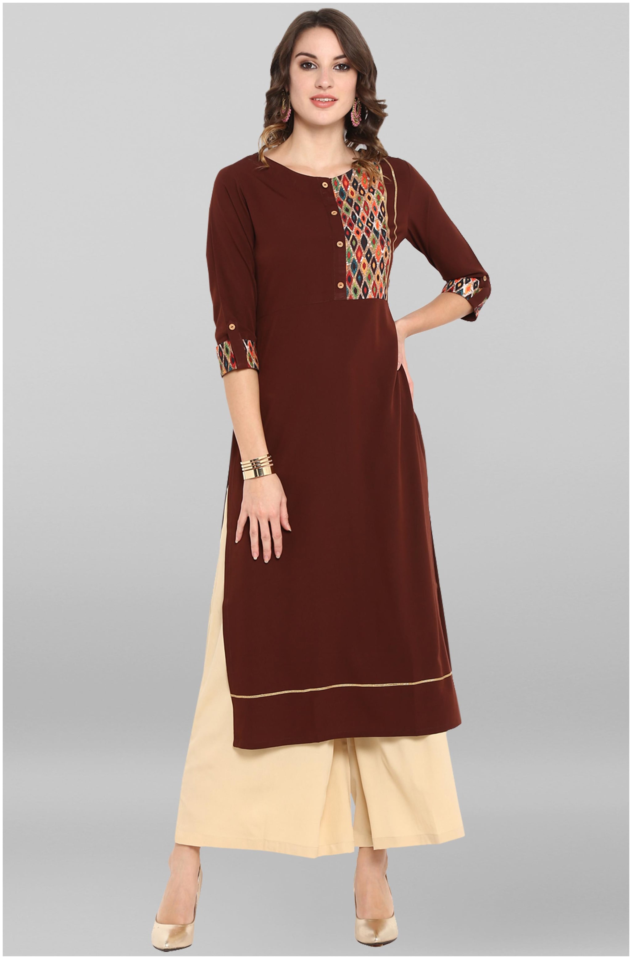 

Janasya Women Brown Floral Straight Kurta