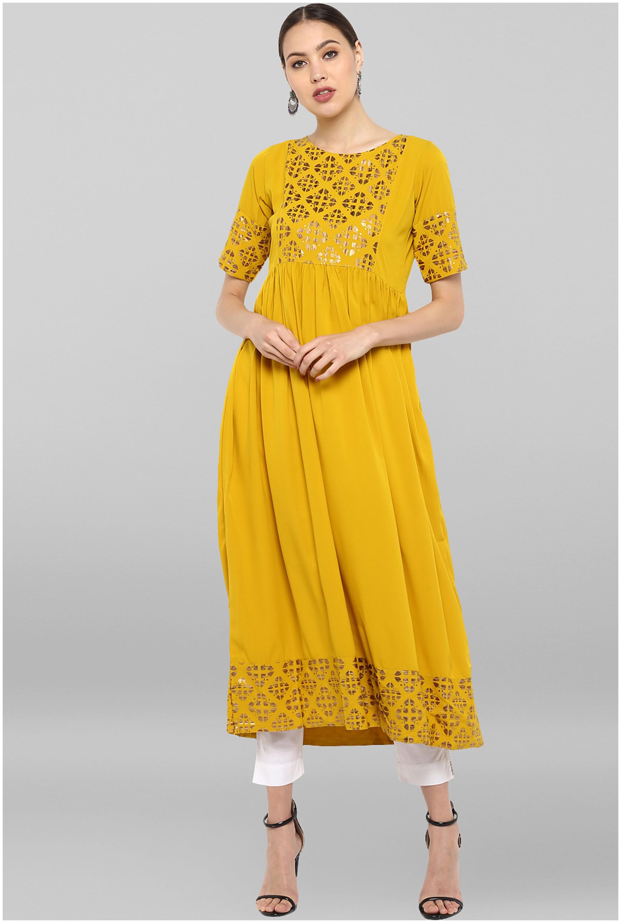 

Janasya Women s Mustard Poly Crepe Kurta