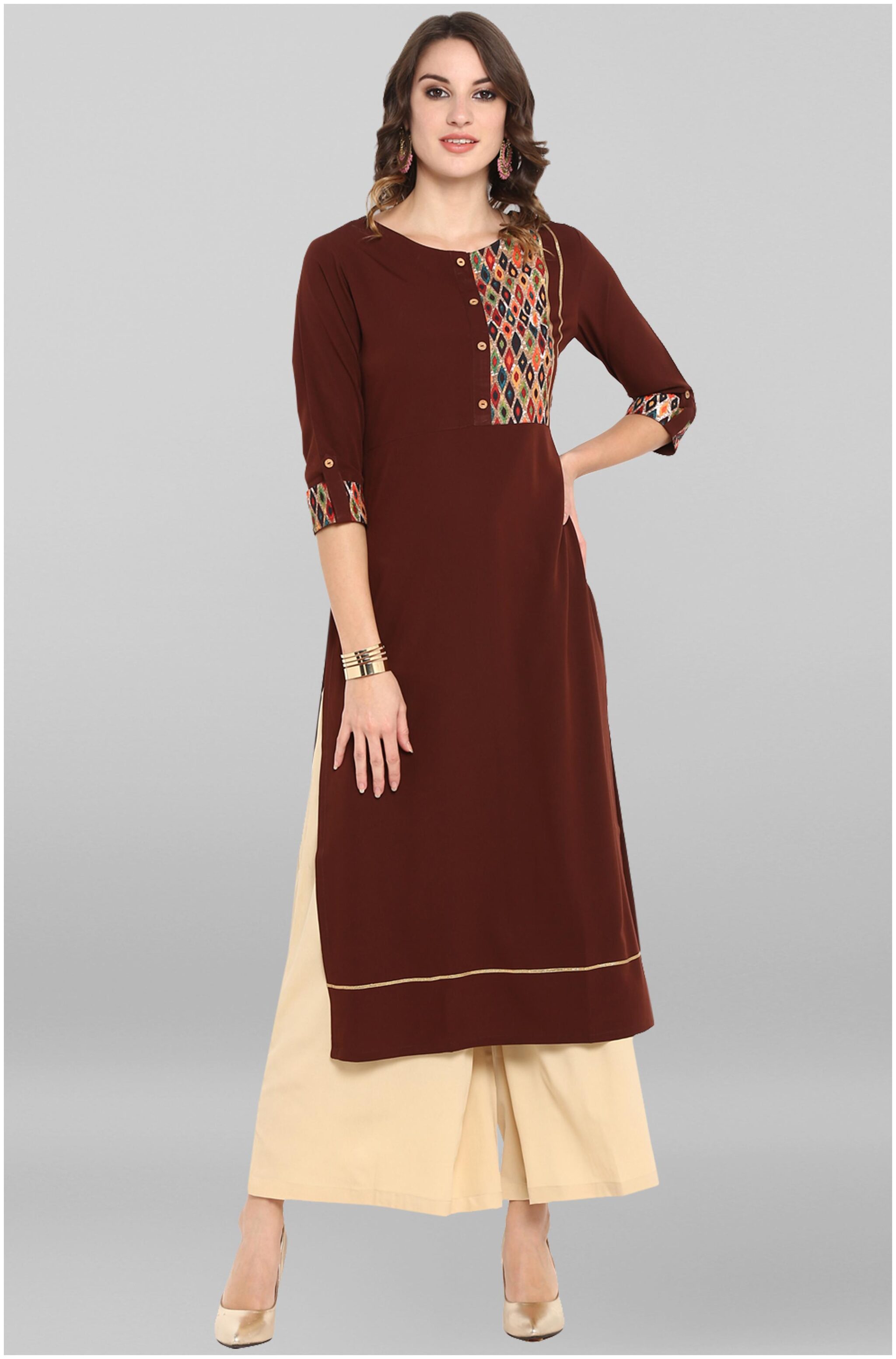

Janasya Women Brown Floral Straight Kurta