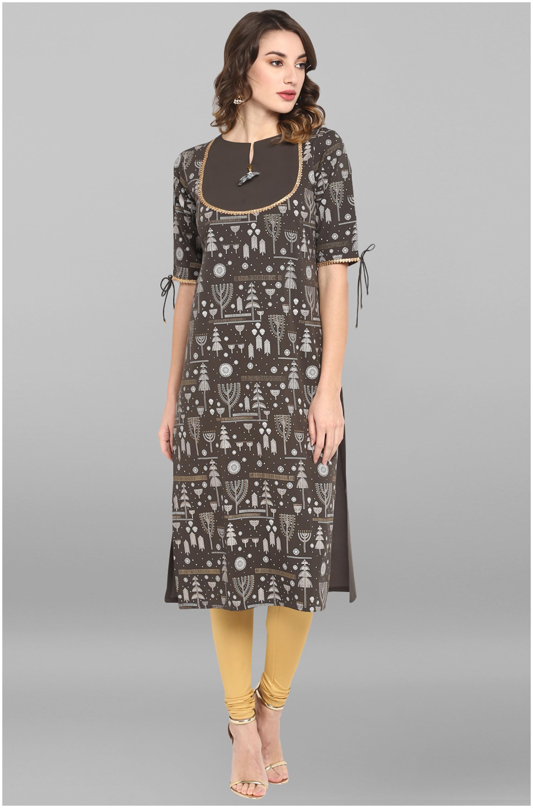 

Janasya Women Grey Printed Straight Kurta