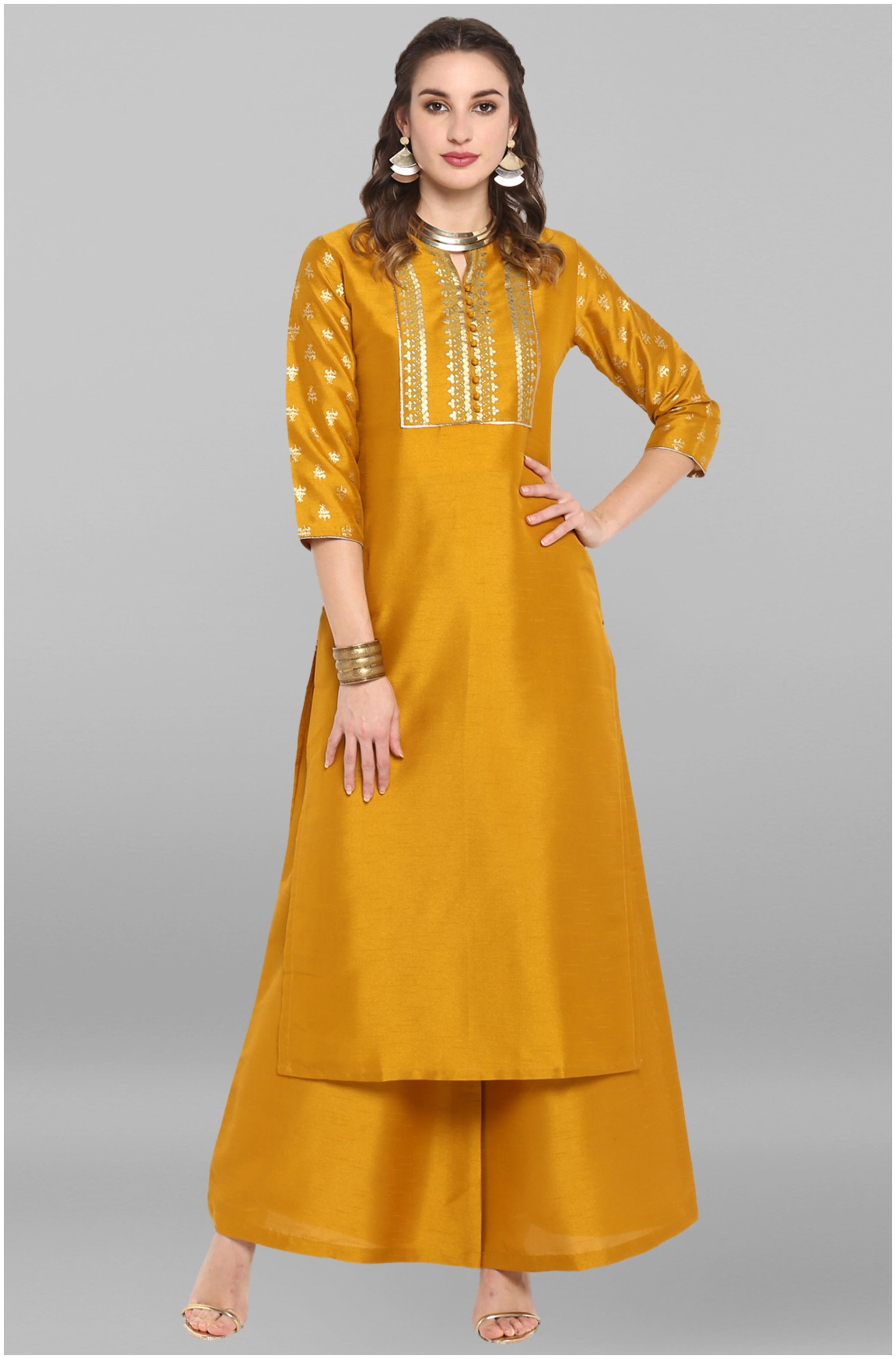 

Janasya Women Mustard Poly Silk Kurta With Palazzo