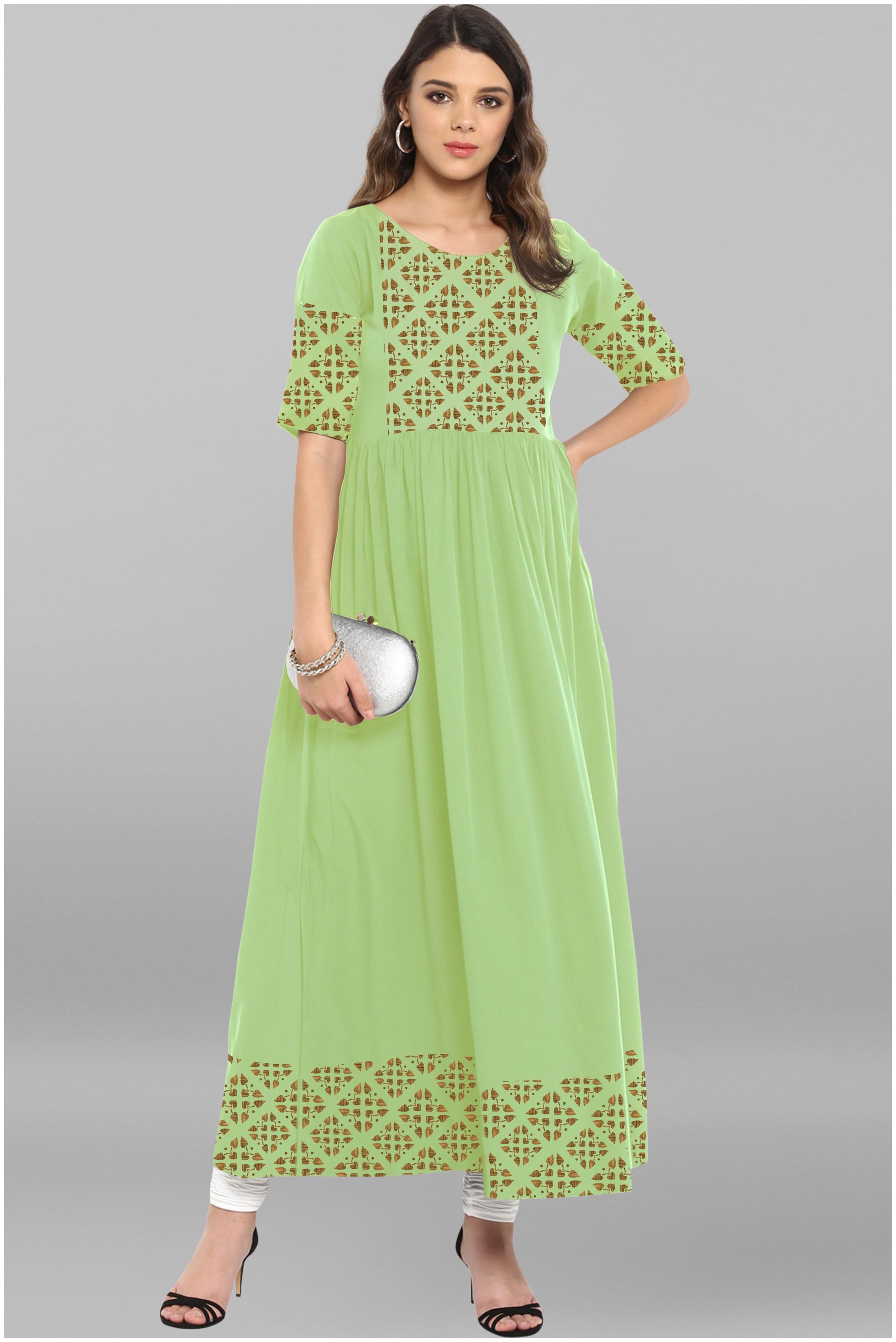 

Janasya Women Crepe Printed A Line Kurta Green