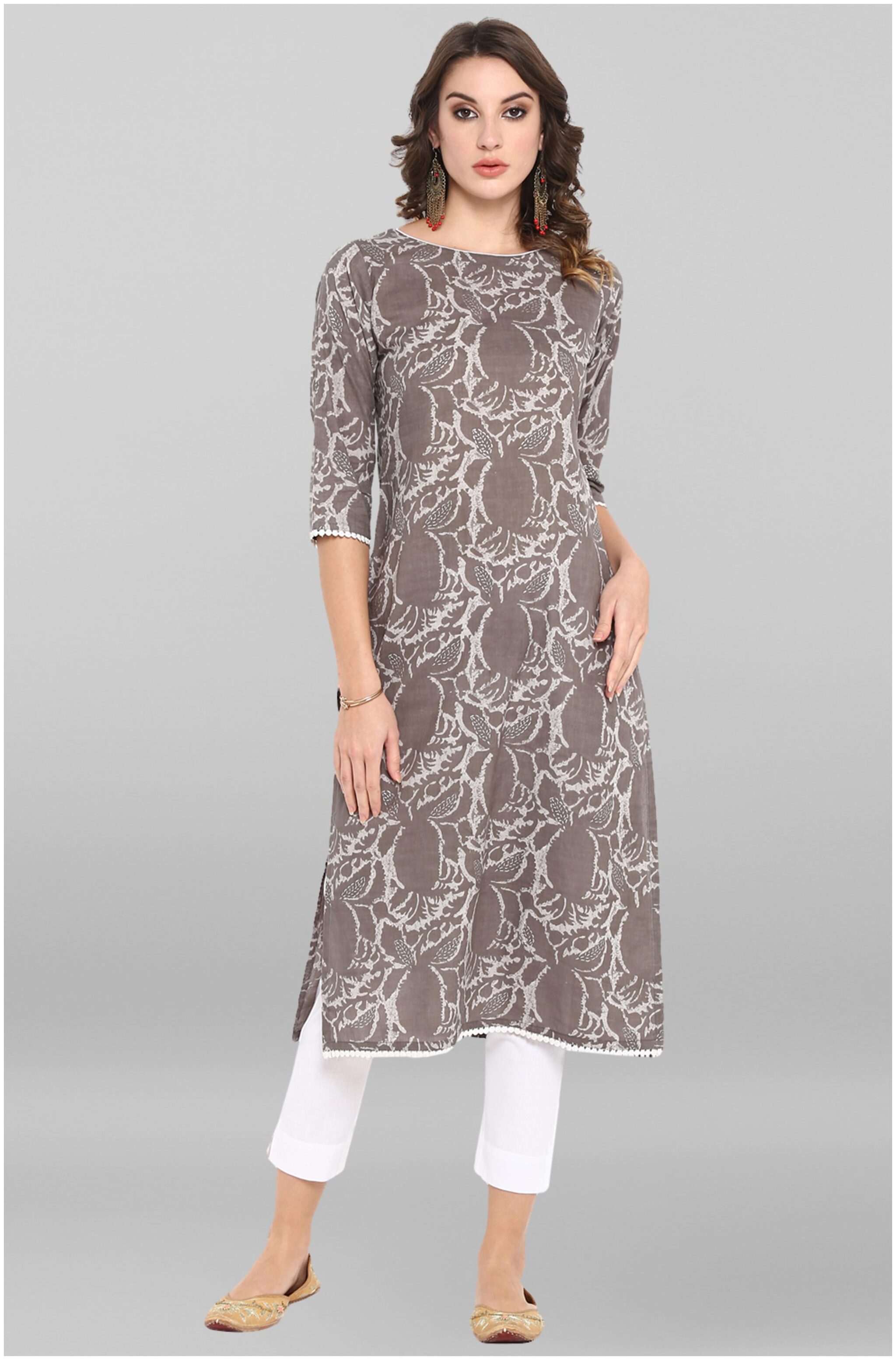 

Janasya Women Grey Printed Straight Kurta With Pants