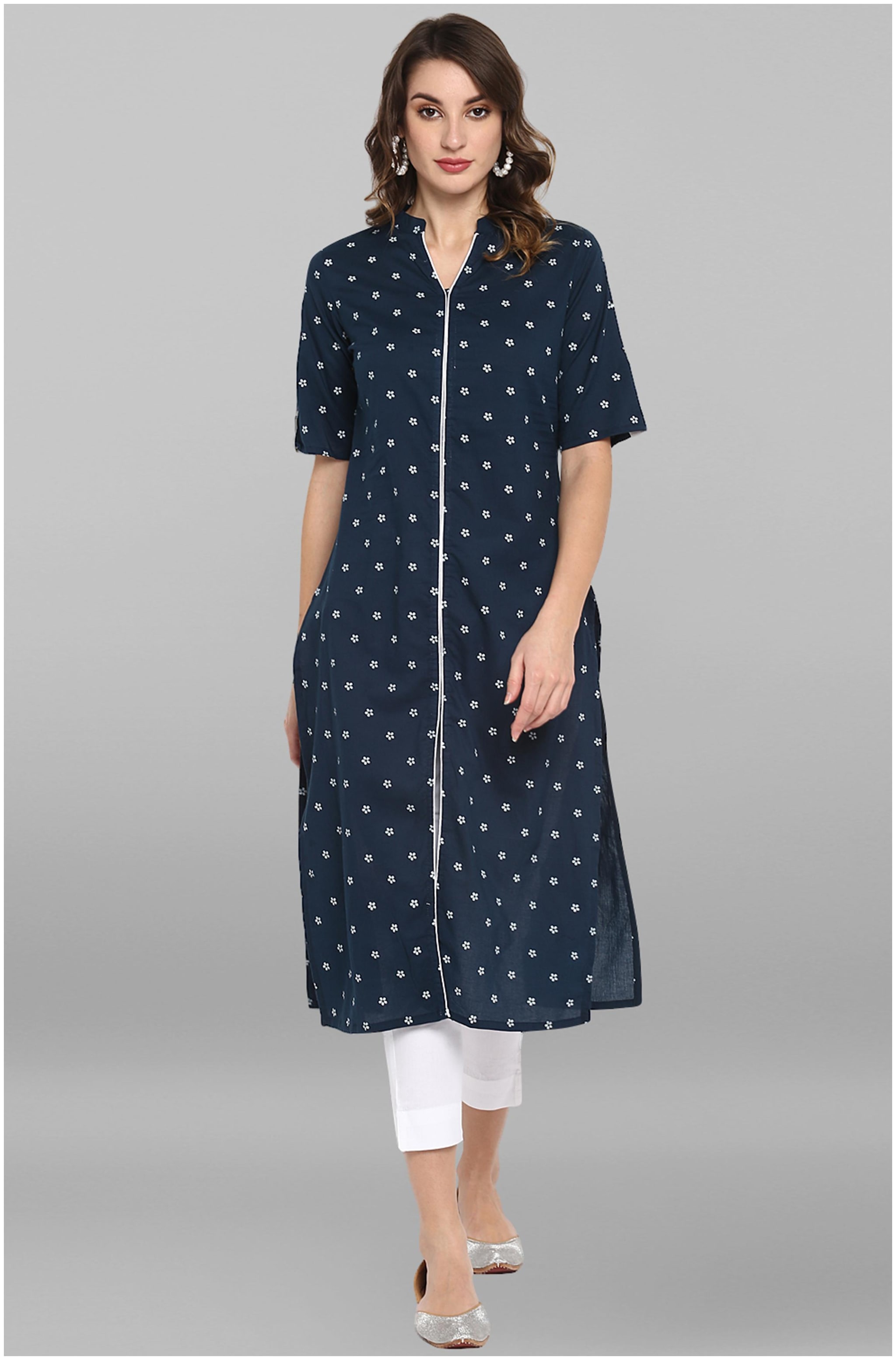 

Janasya Women Blue Floral Straight Kurta