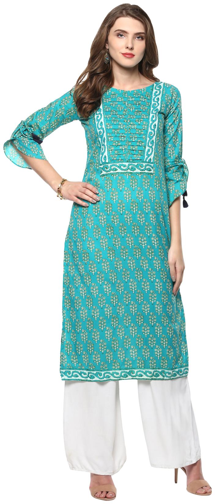 

Janasya Women Turquoise Floral Straight Kurta