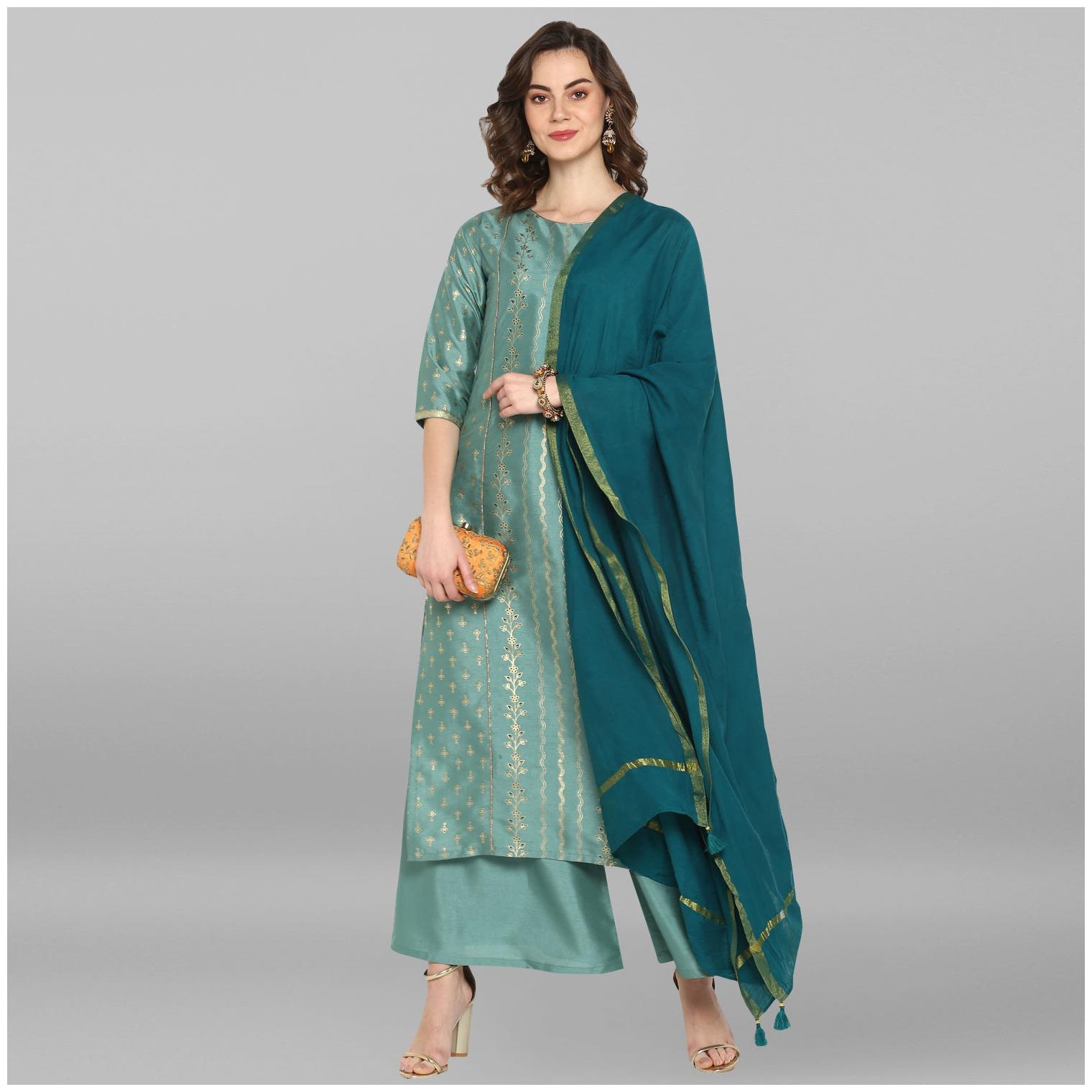 

Janasya Women s Light Green Poly Silk Kurta With Palazzo and Dupatta
