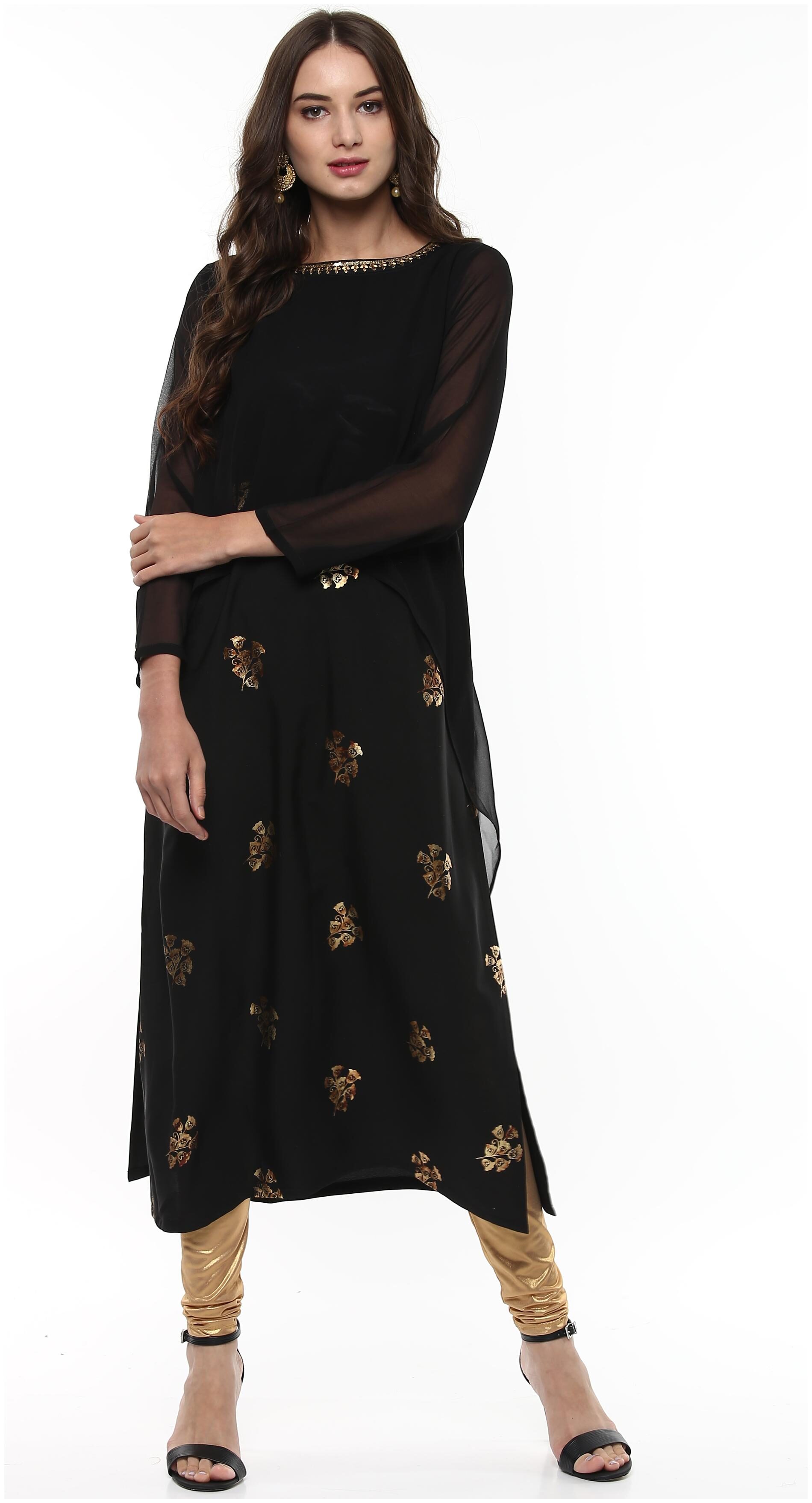 

Janasya Women Black Printed Straight Kurta