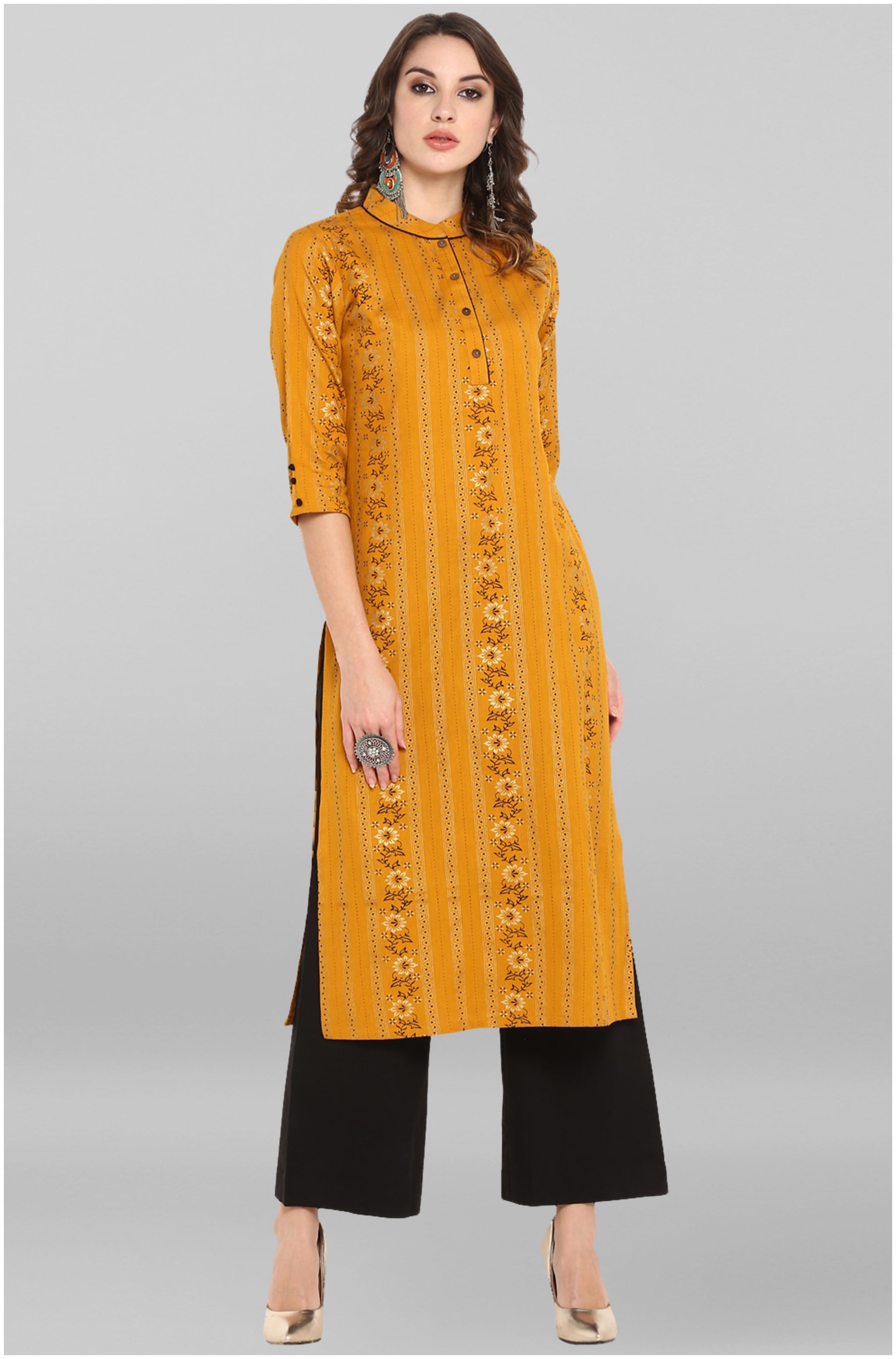 

Janasya Women Yellow Printed Straight Kurta With Palazzo