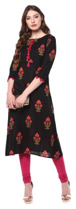 

Janasya Women Black Cotton A-Line Floral Print Kurta