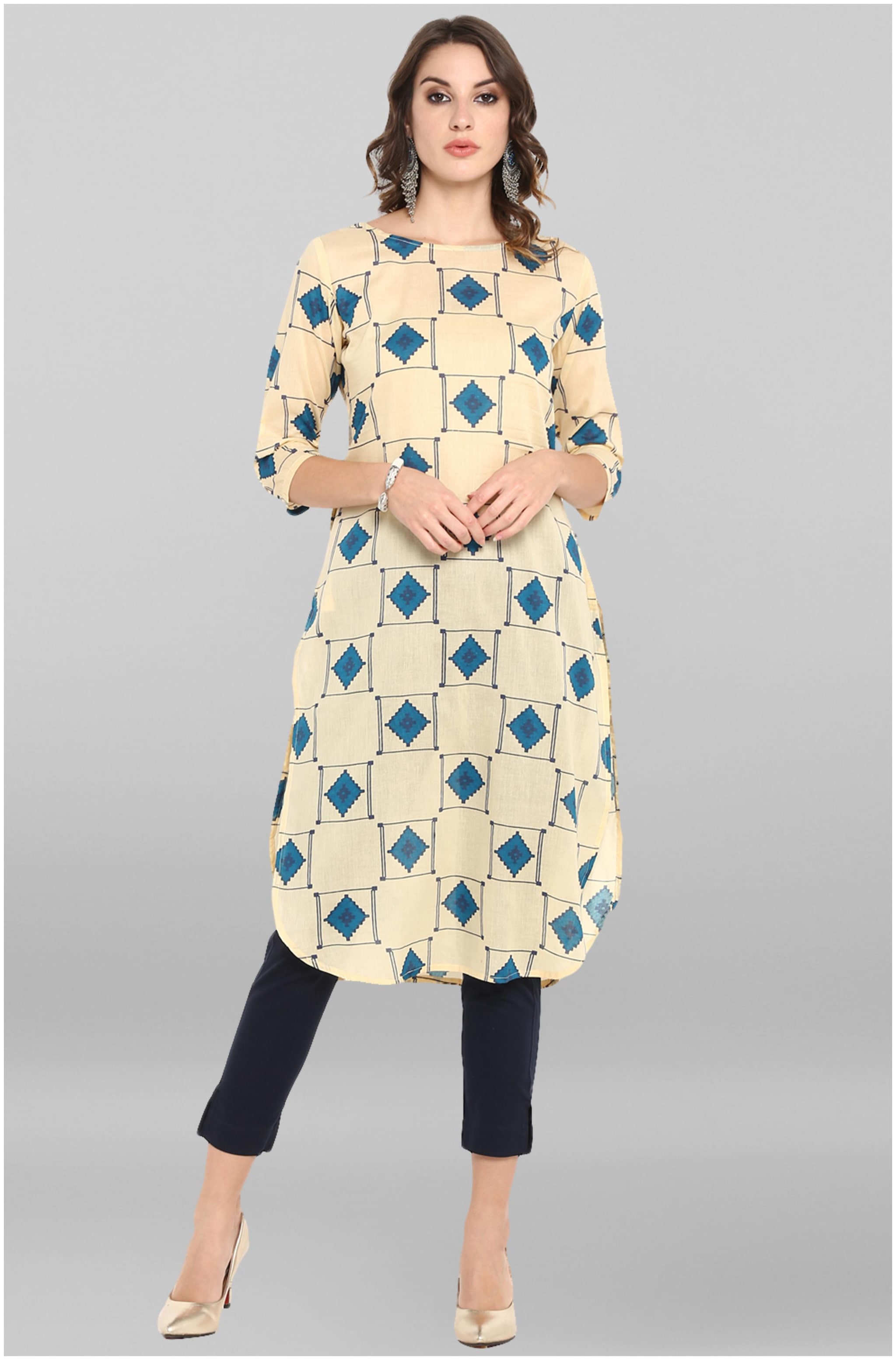 

Janasya Women Beige Printed Straight Kurta