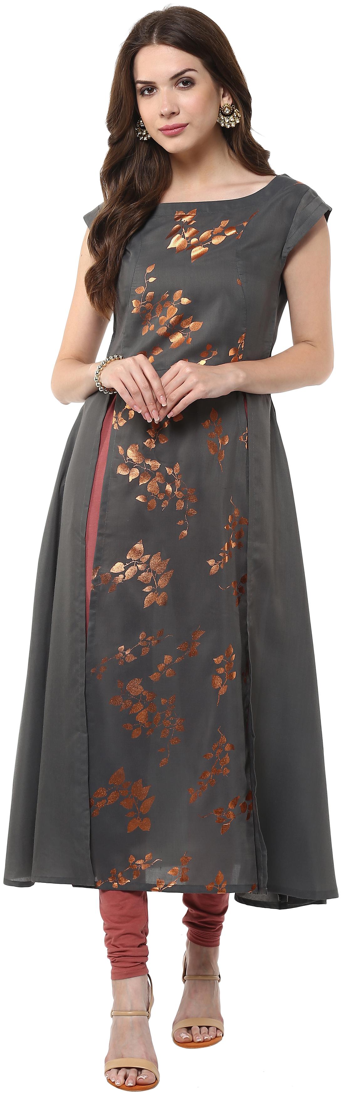 

Janasya Women Crepe Printed A Line Kurta Grey