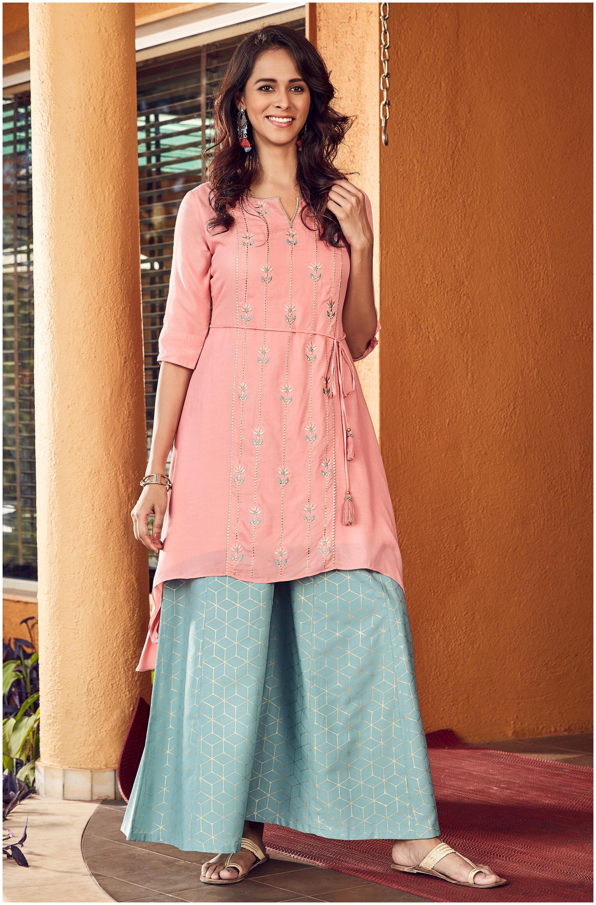 

Janasya Women Polyester Blend Embroidered Pink Kurta With Palazzo