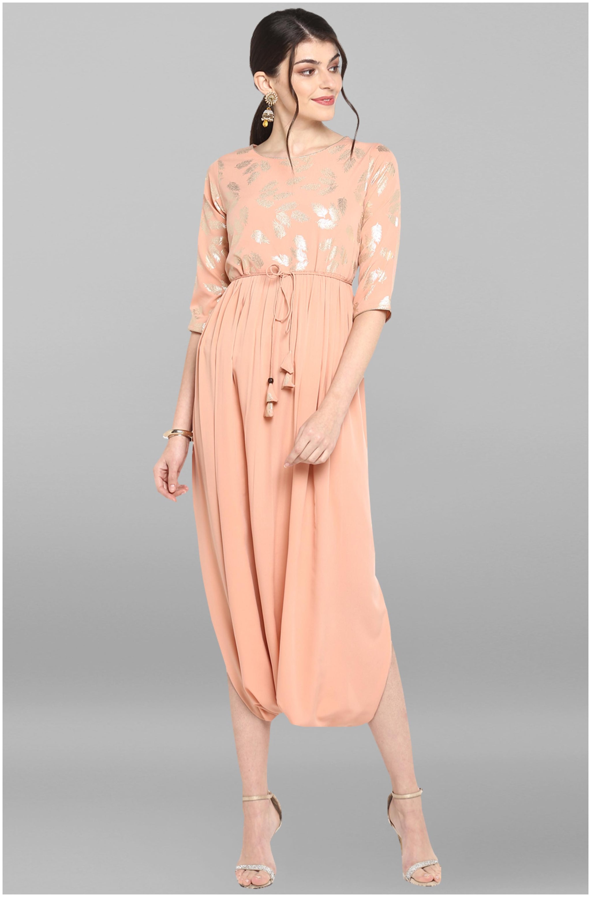 

Janasya Women Peach Printed Assymetrical Kurta