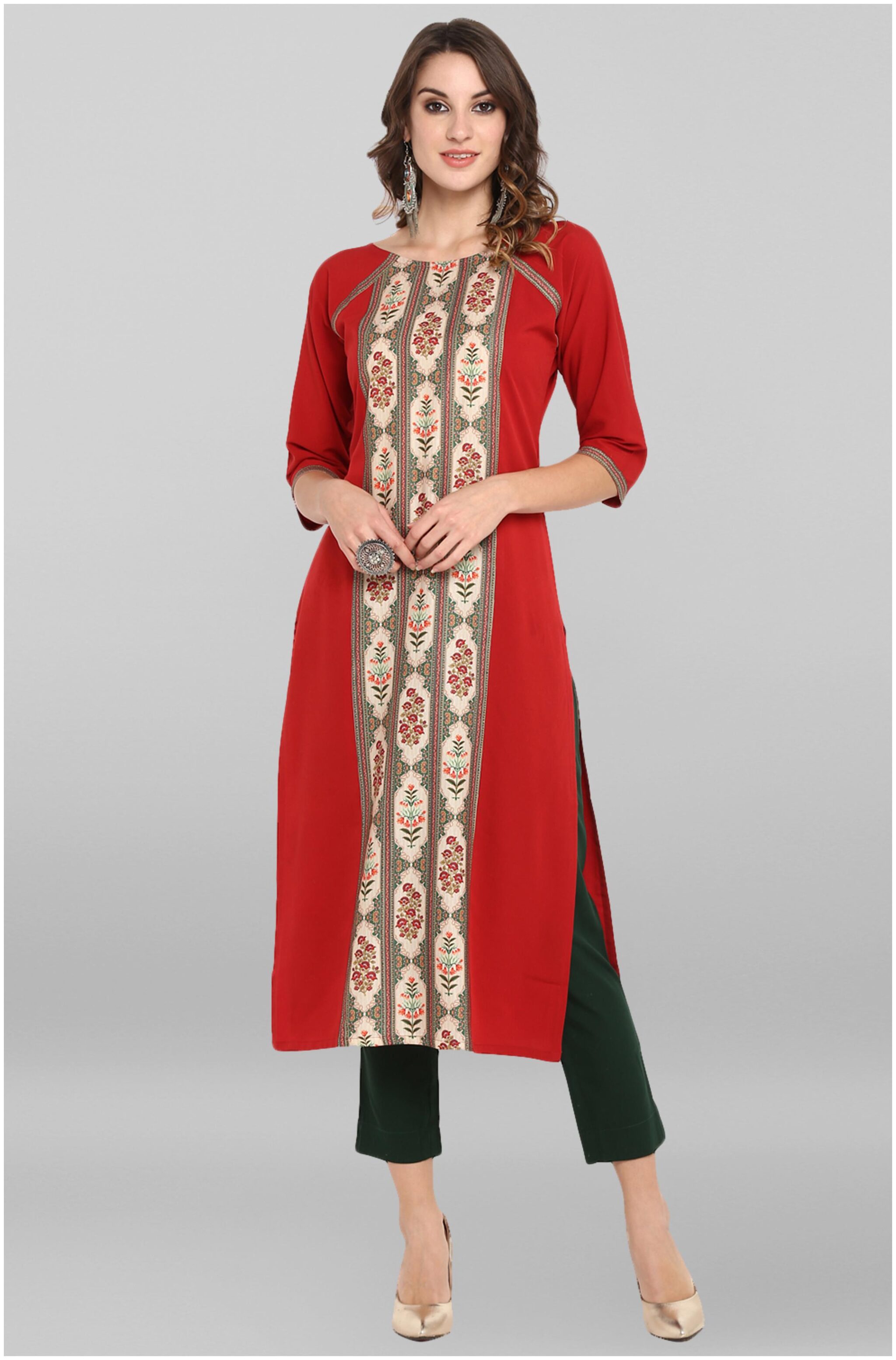 

Janasya Women Red Floral Straight Kurta